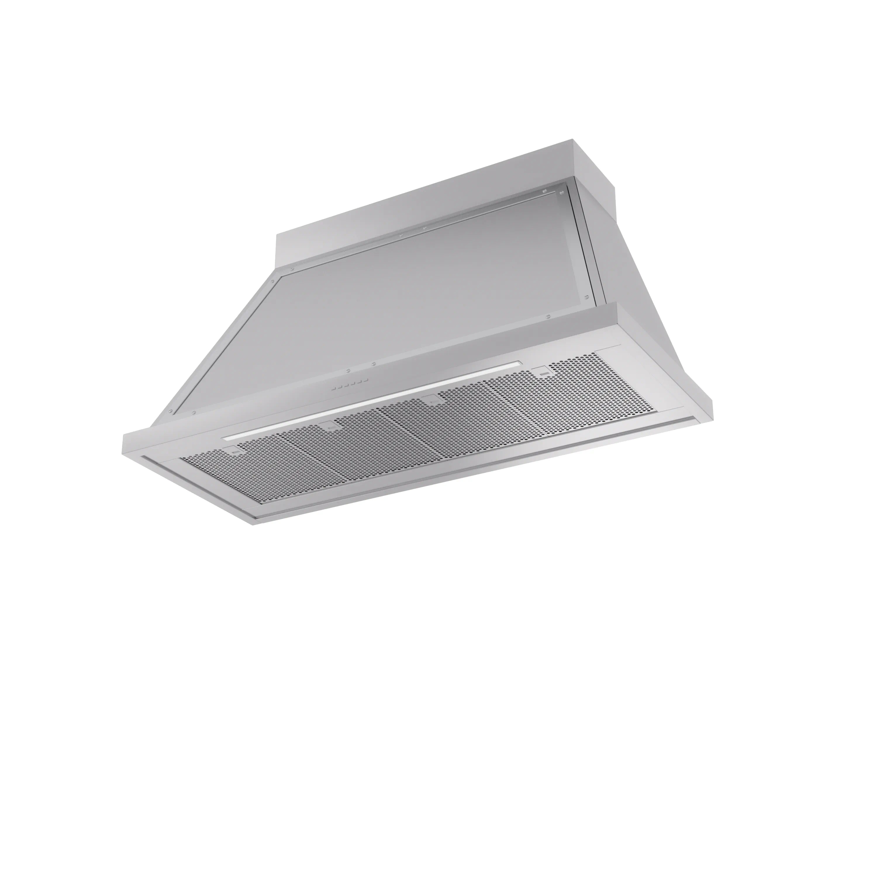 Stainless steel wall-mounted range hood with vented filter grille under the canopy