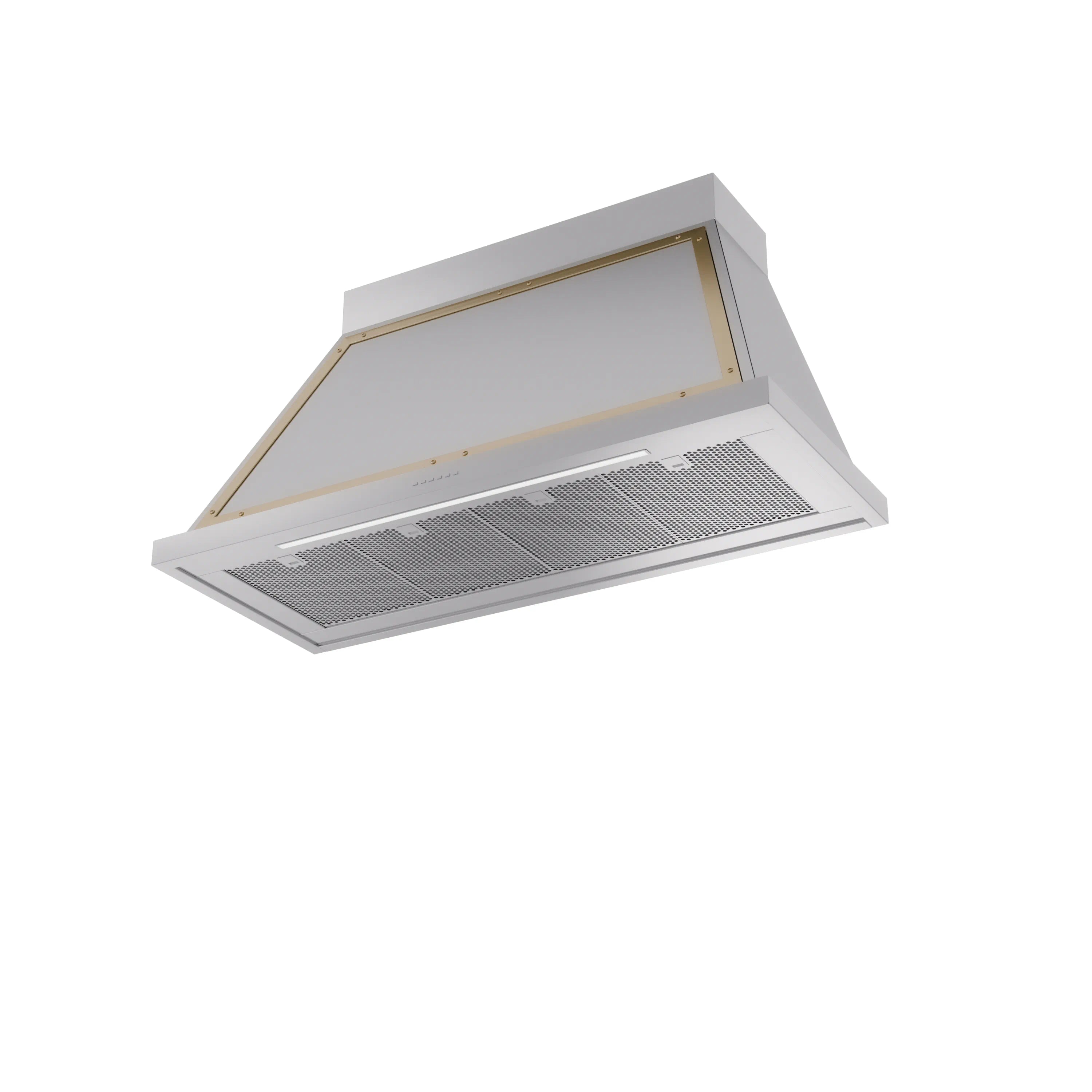 Stainless steel wall range hood with brass-trimmed frame and vent grille