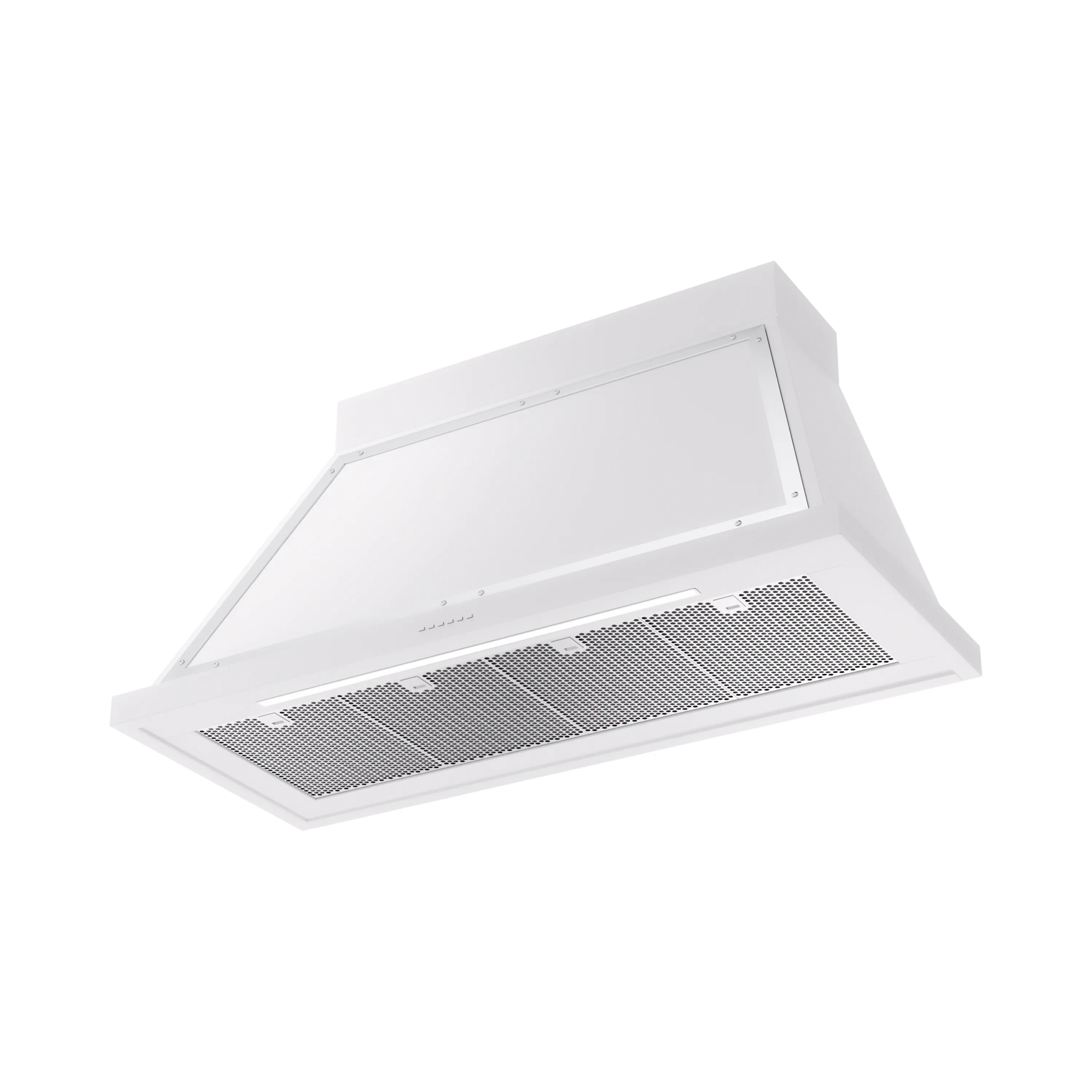 Wall-mounted range hood in white with chrome-trim edge and front vent filter