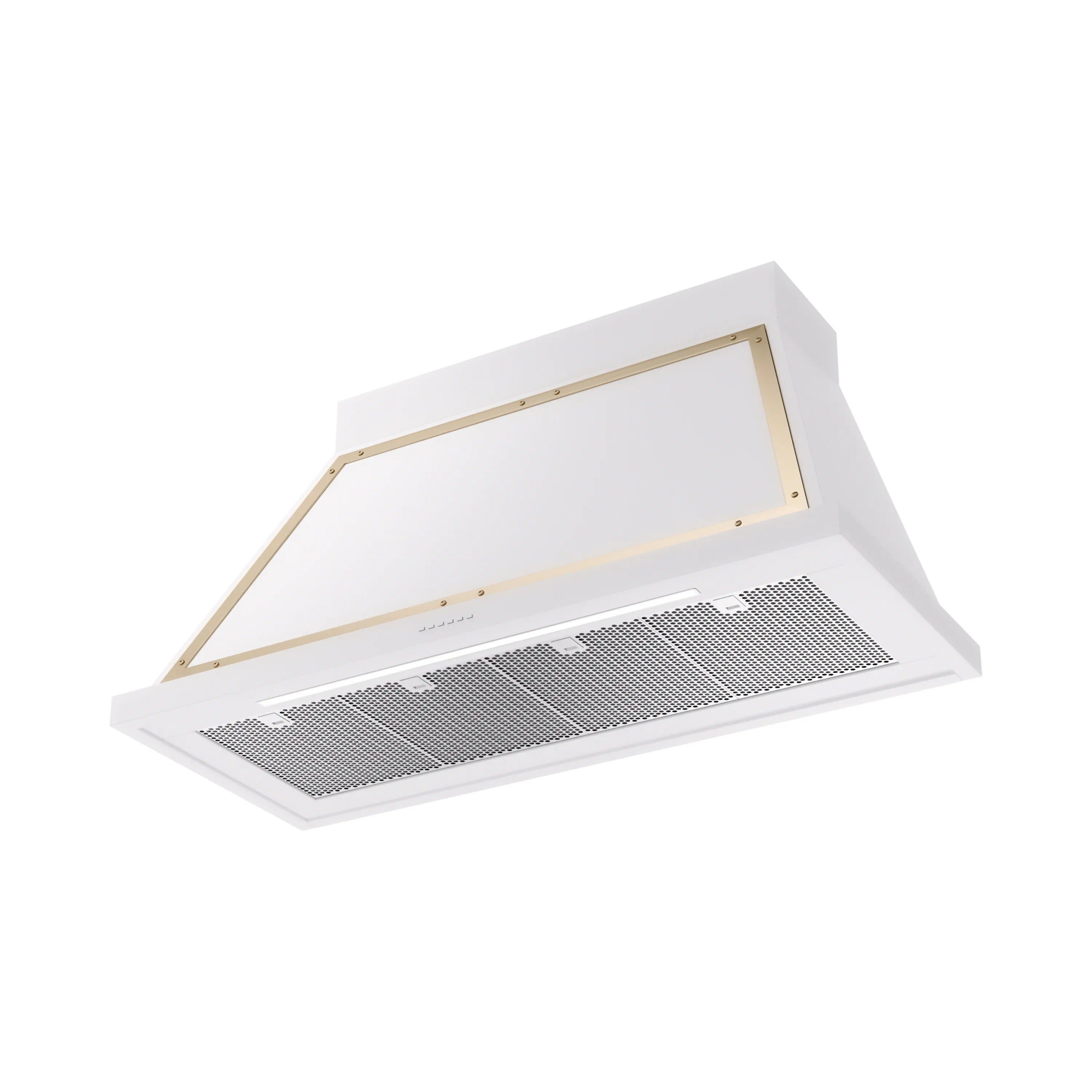 White wall-mounted range hood with brass trim and front baffle filter rows.