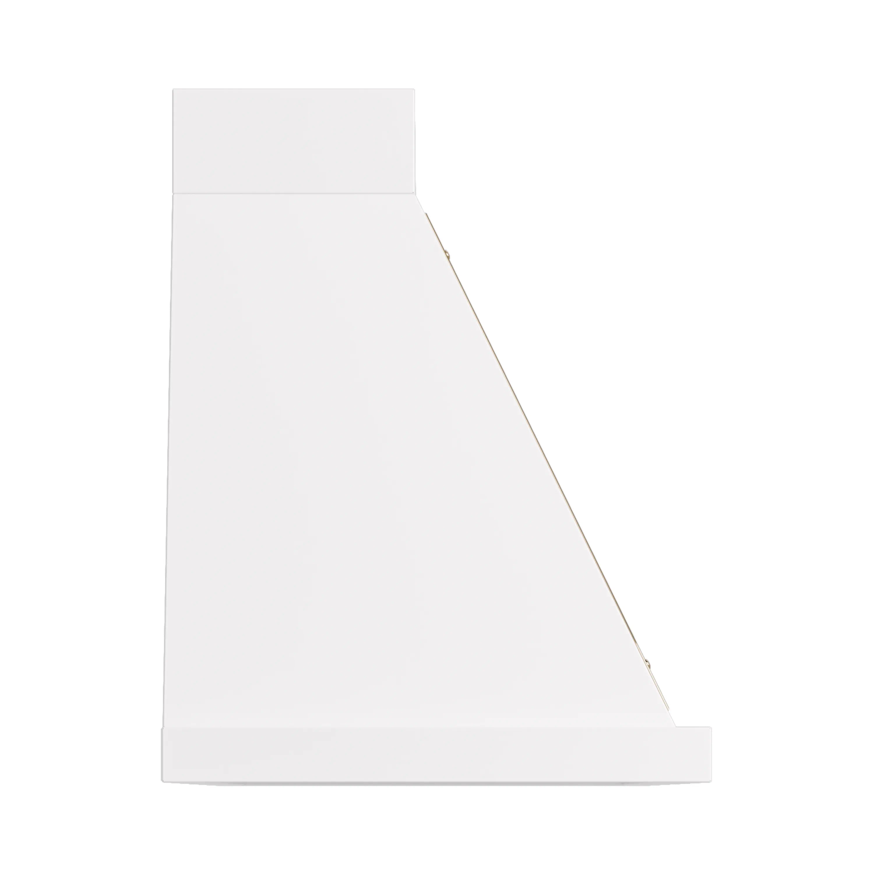 White wall-mounted range hood with brass-trimmed angled chimney side panel.