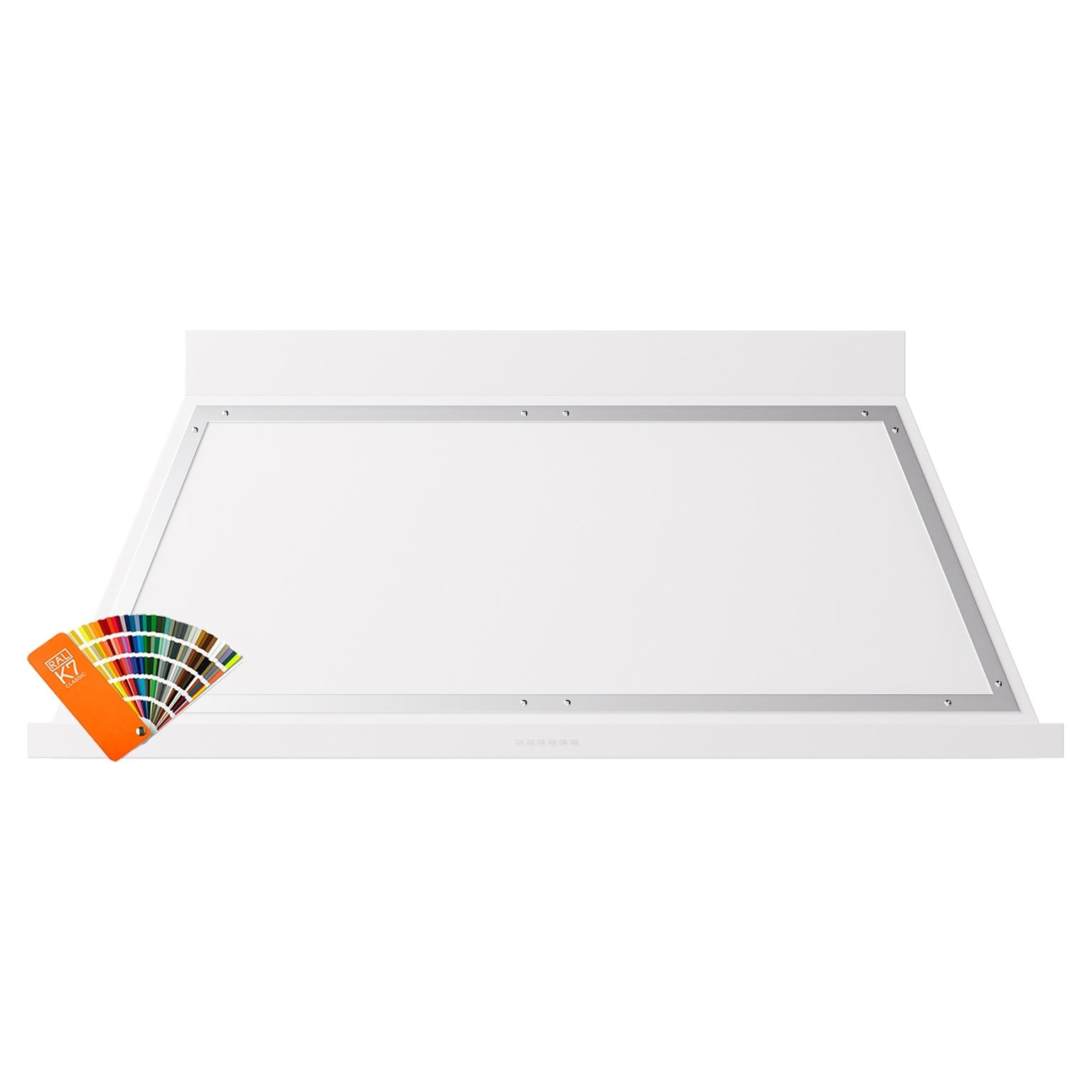 Wall-mounted range hood, white finish with chrome-trimmed underside and open panel