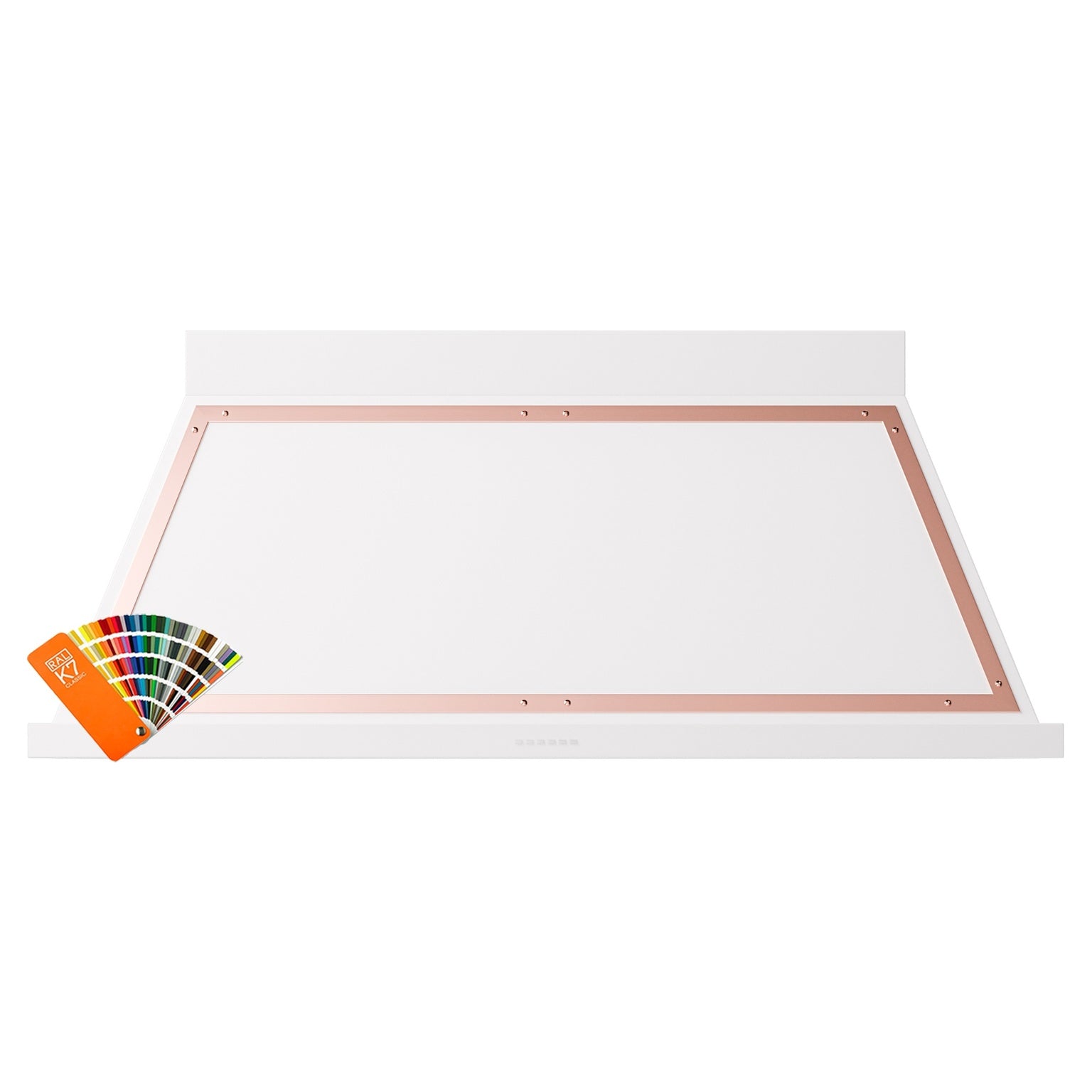 Wall-mounted range hood underside with copper trim and open face