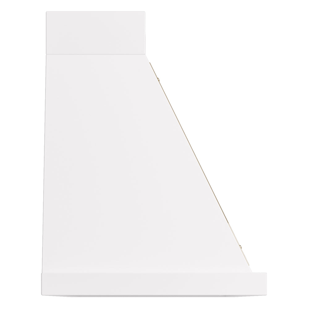 White wall-mounted range hood with brass-trimmed side edge and vent panel