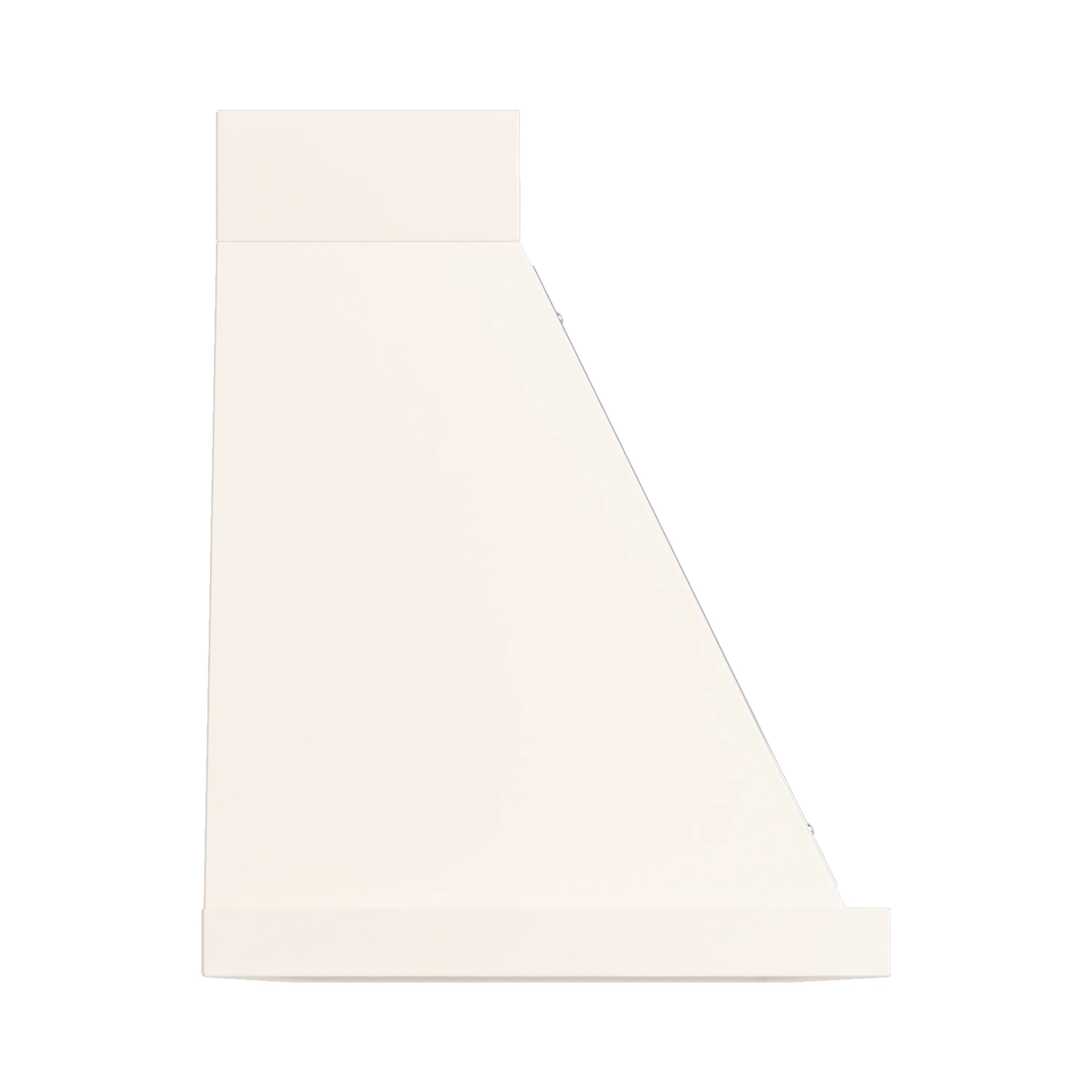 Antique white wall-mounted range hood with angled chimney section and smooth side panels