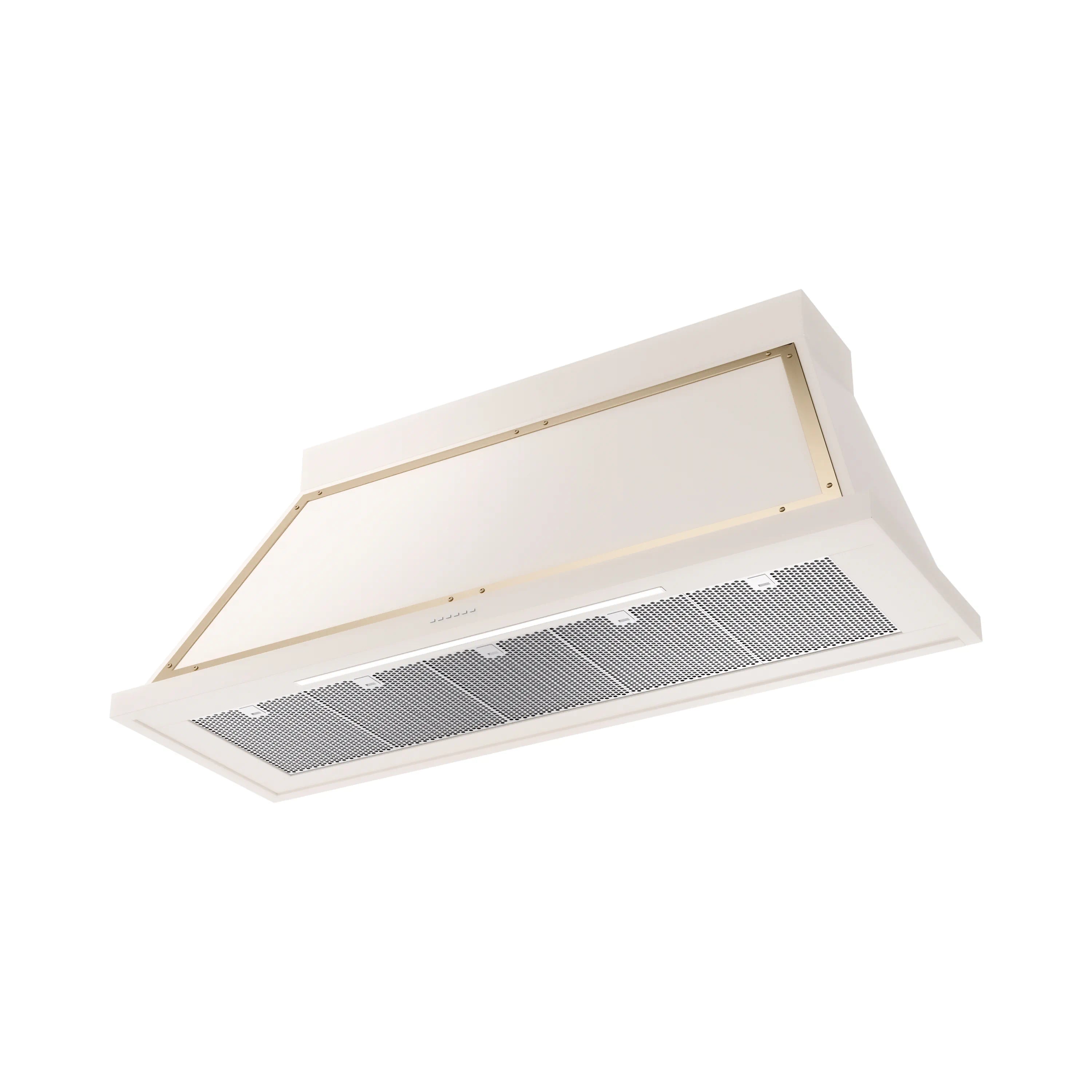 Antique white wall range hood with brass trim and front vent filter grille