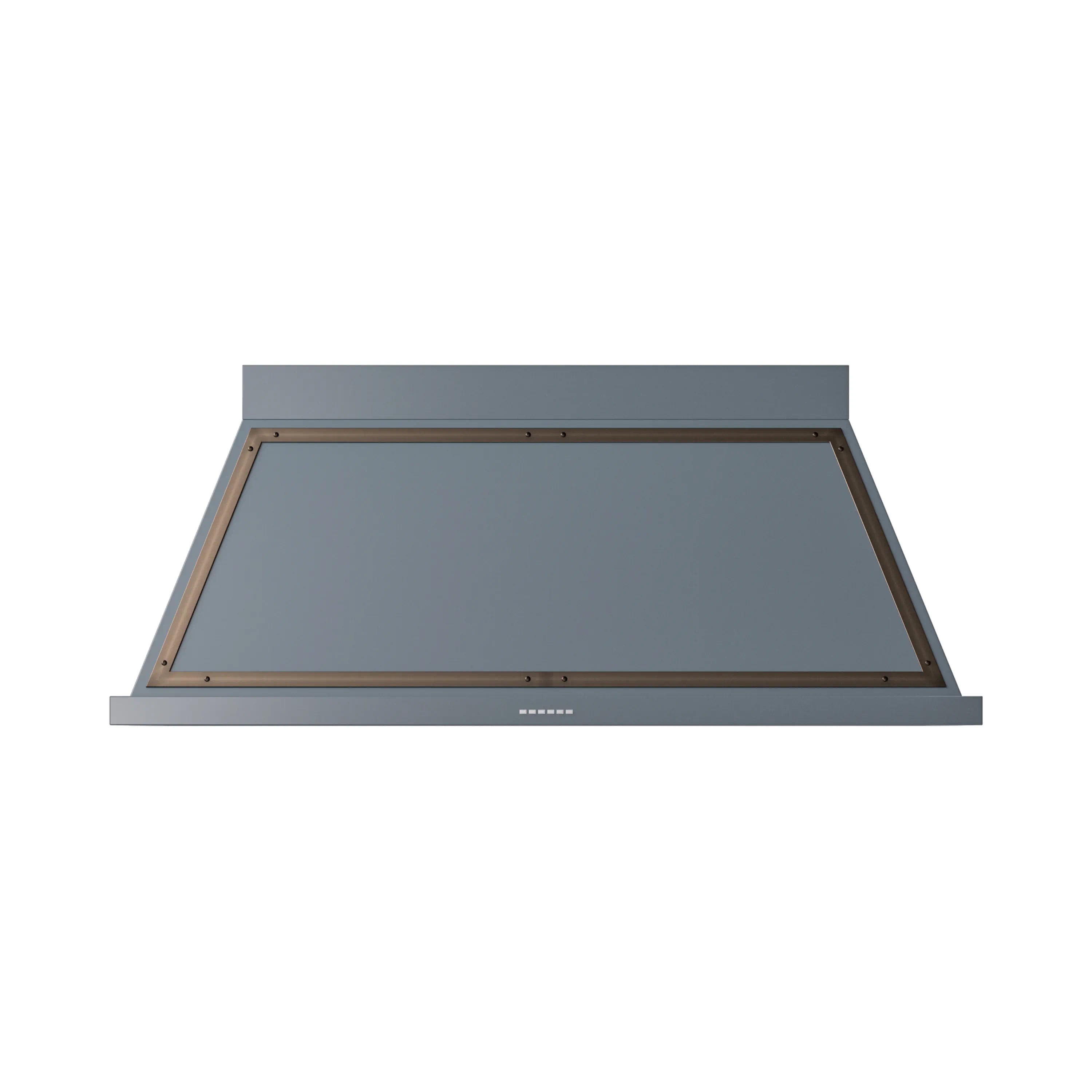 Wall-mounted range hood canopy with bronze border and front intake screen