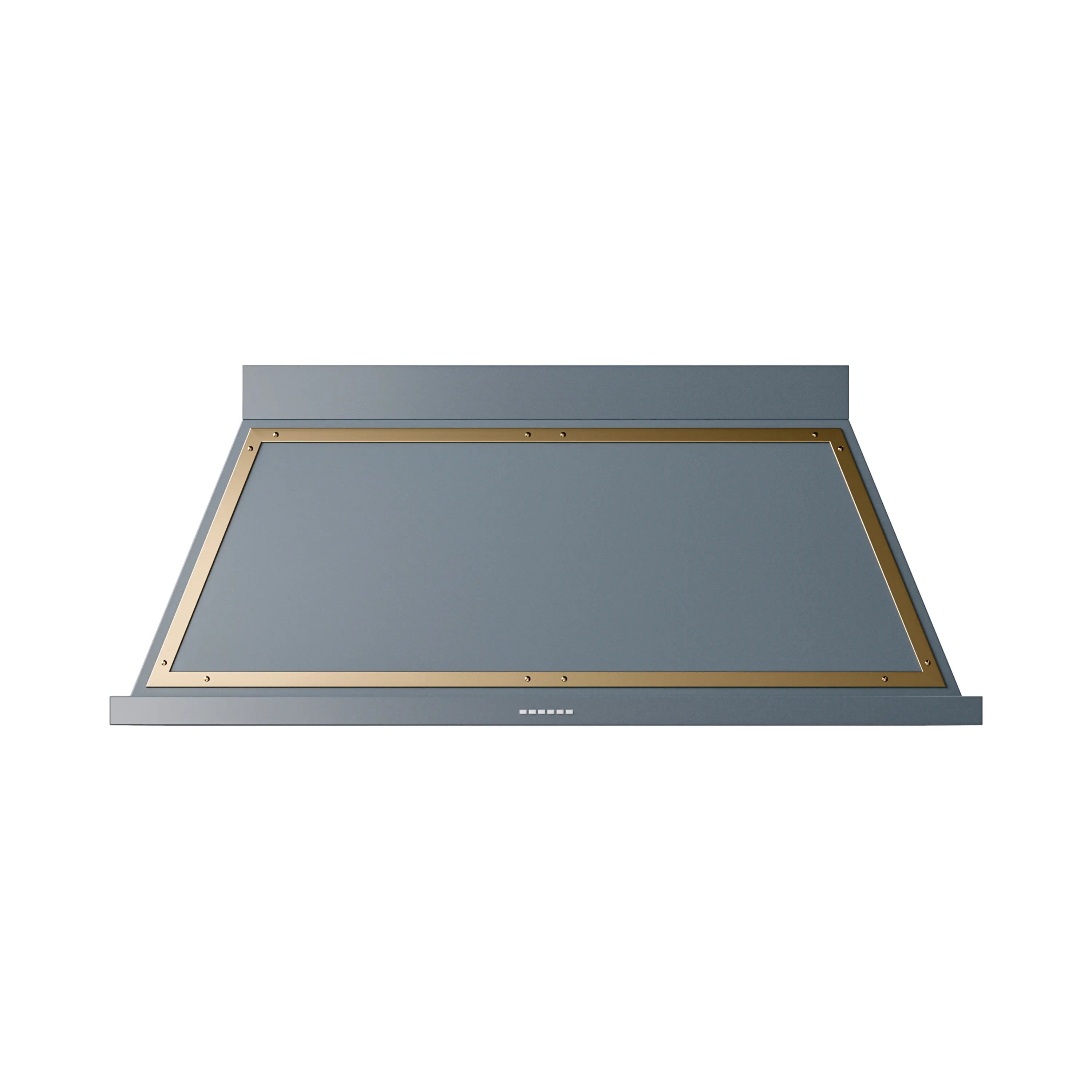 Under-view of blue grey wall range hood with brass border and vent intake panel