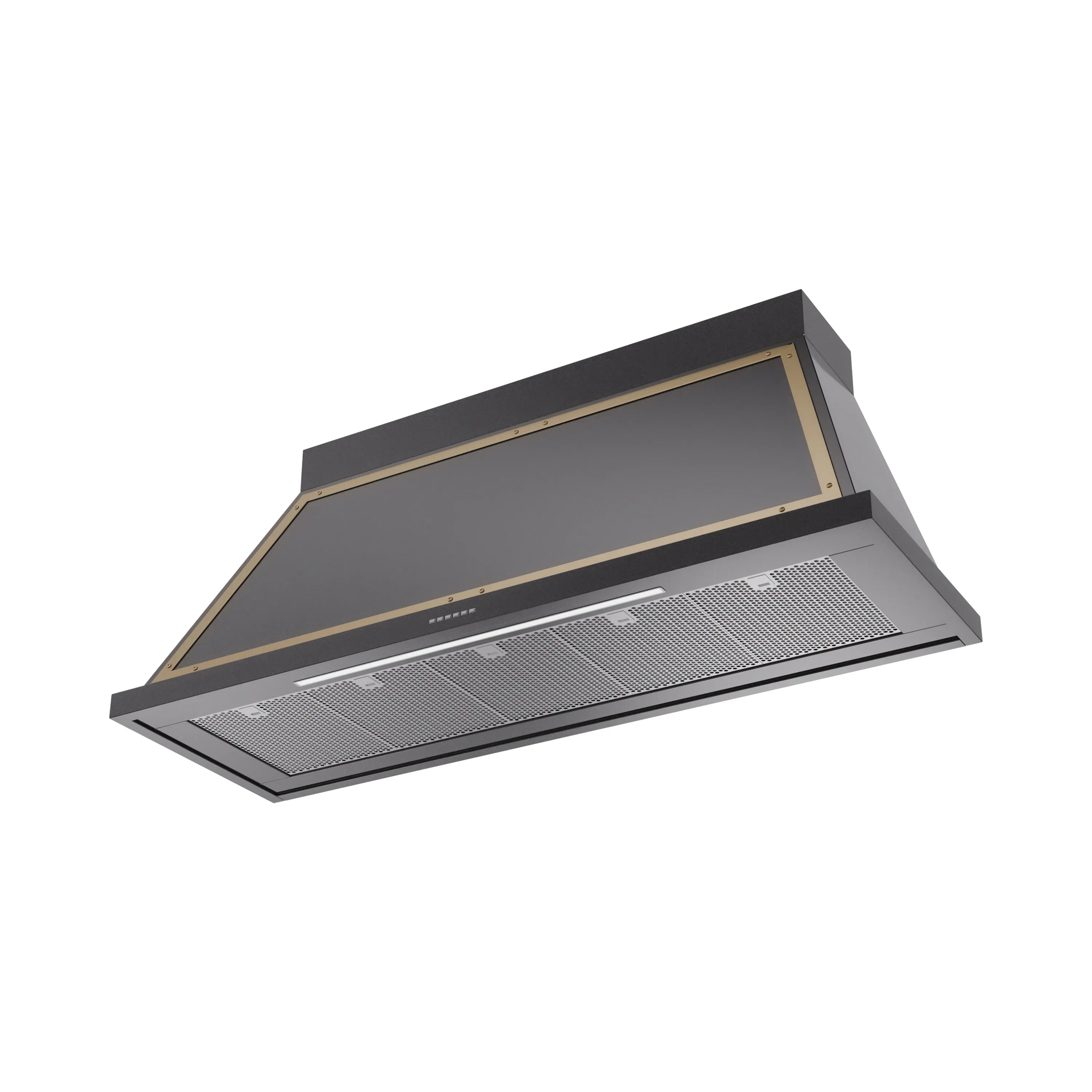 Glossy black wall range hood with brass trim and vented filter panel