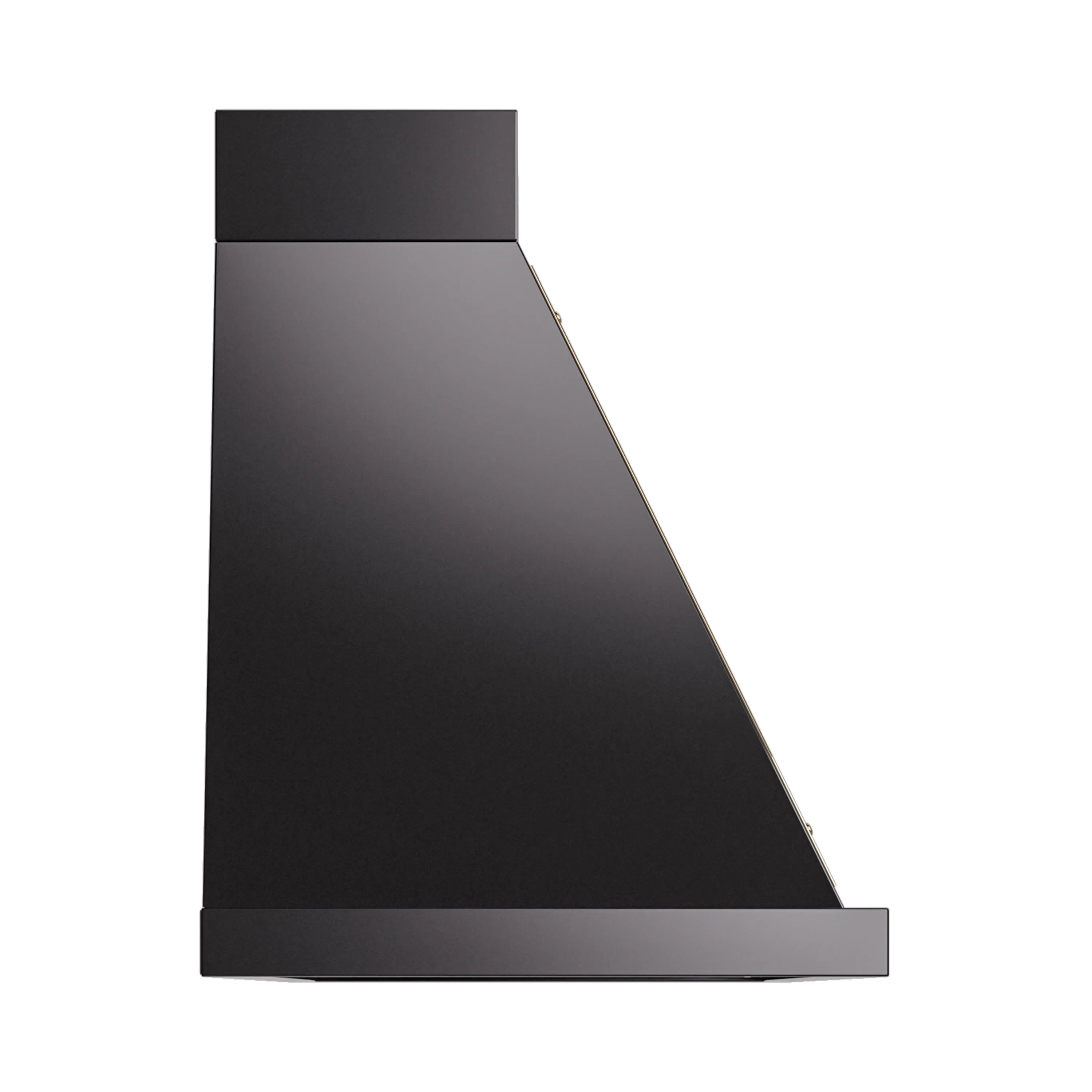 Black wall range hood side view with slanted canopy and base vent panel