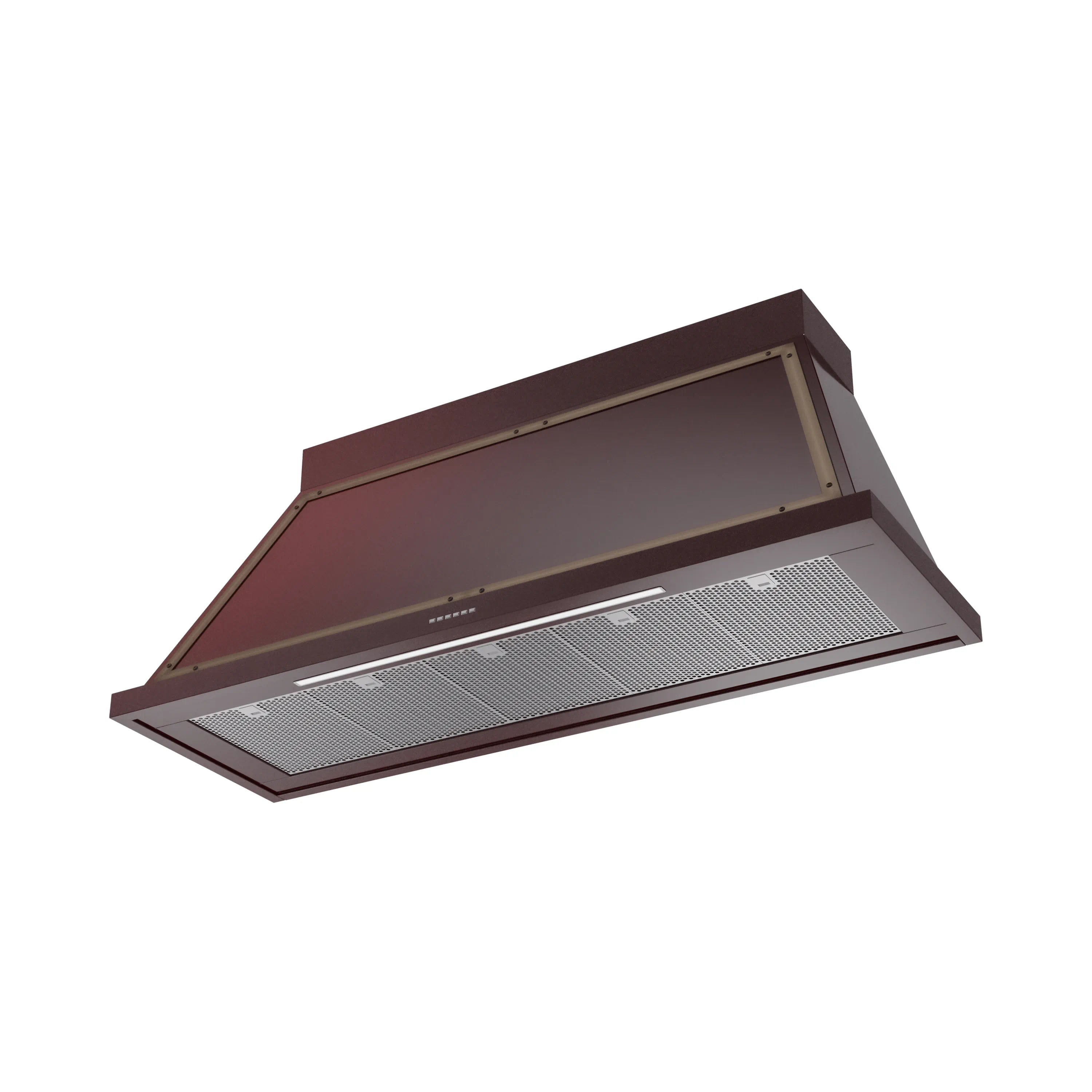 Burgundy wall-mounted range hood showing mesh grease filter and controls