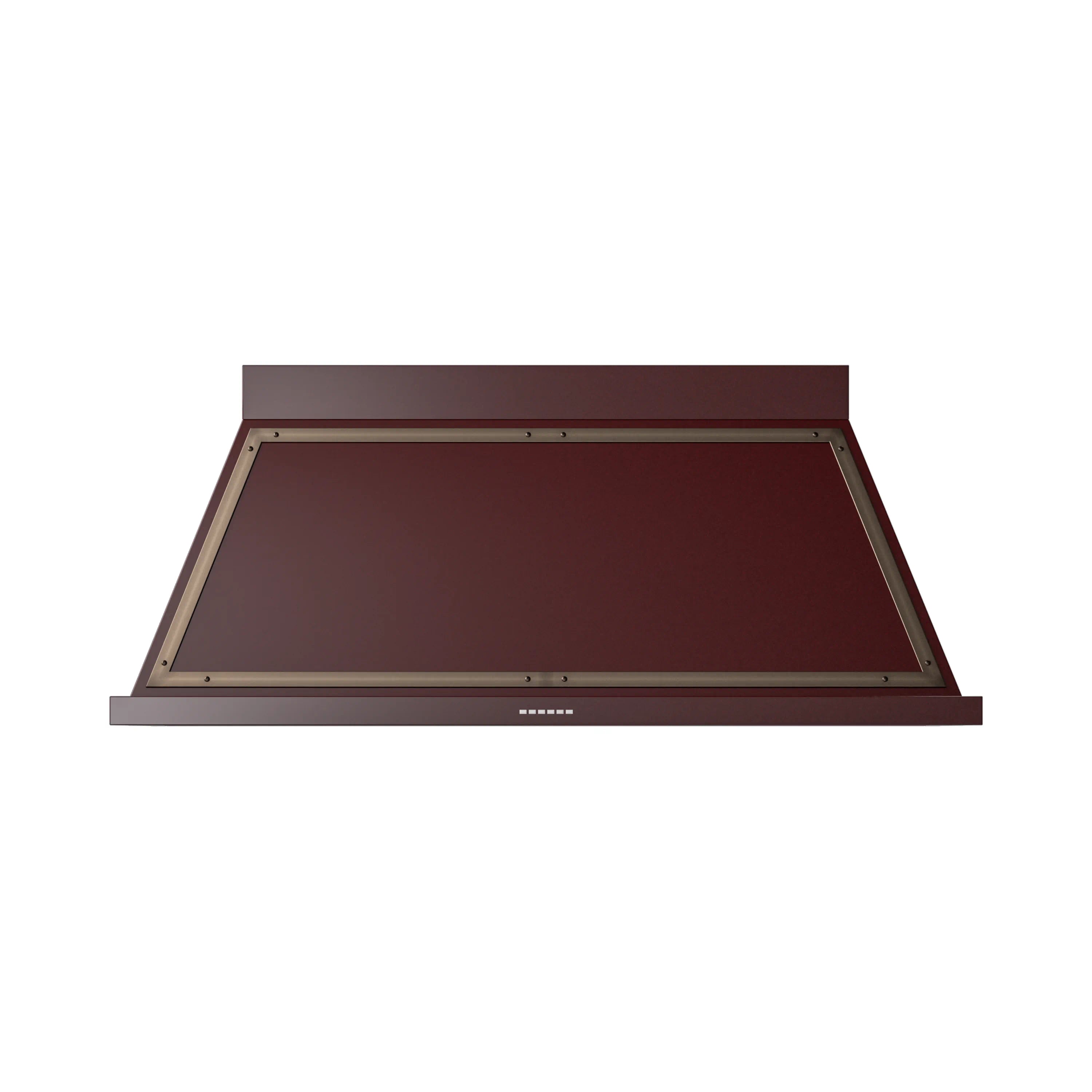Burgundy wall-mounted range hood with bronze trim and concealed filter
