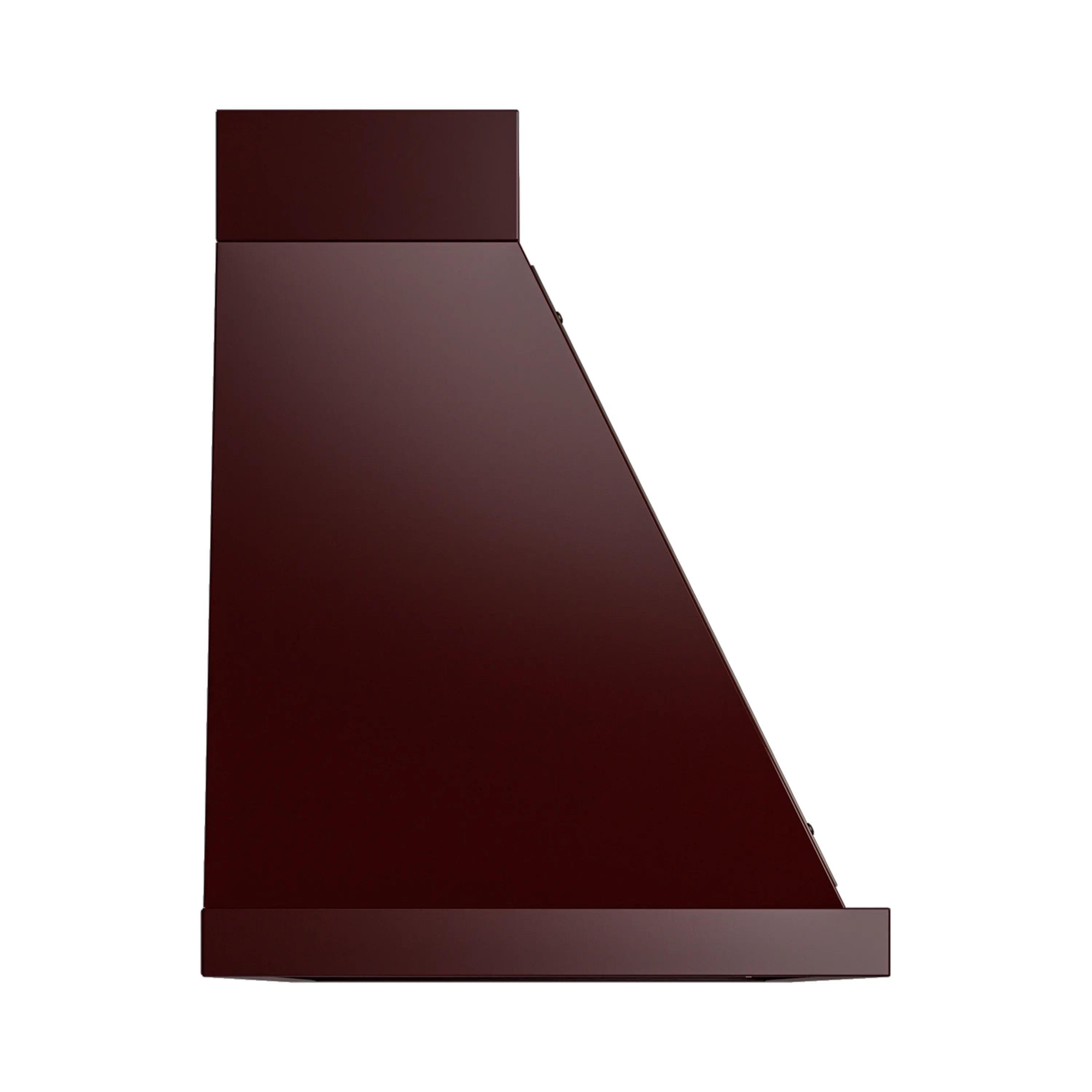 Burgundy wall-mounted range hood end view with bronze trim border