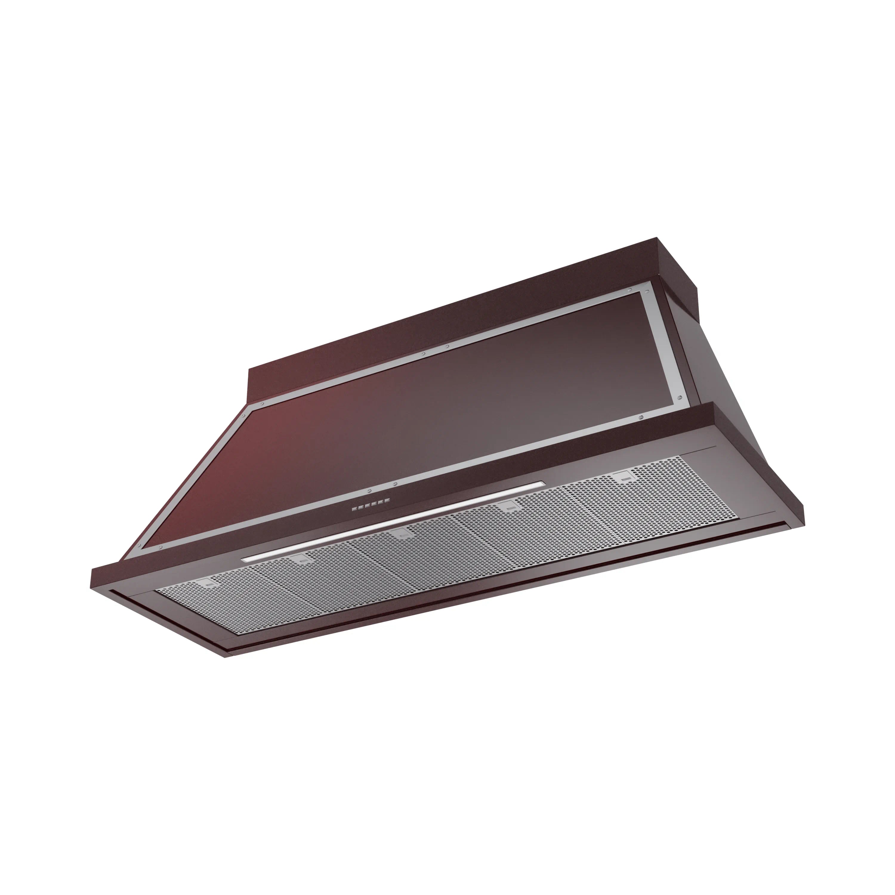 Burgundy wall-mounted range hood with chrome trim and front filter panel