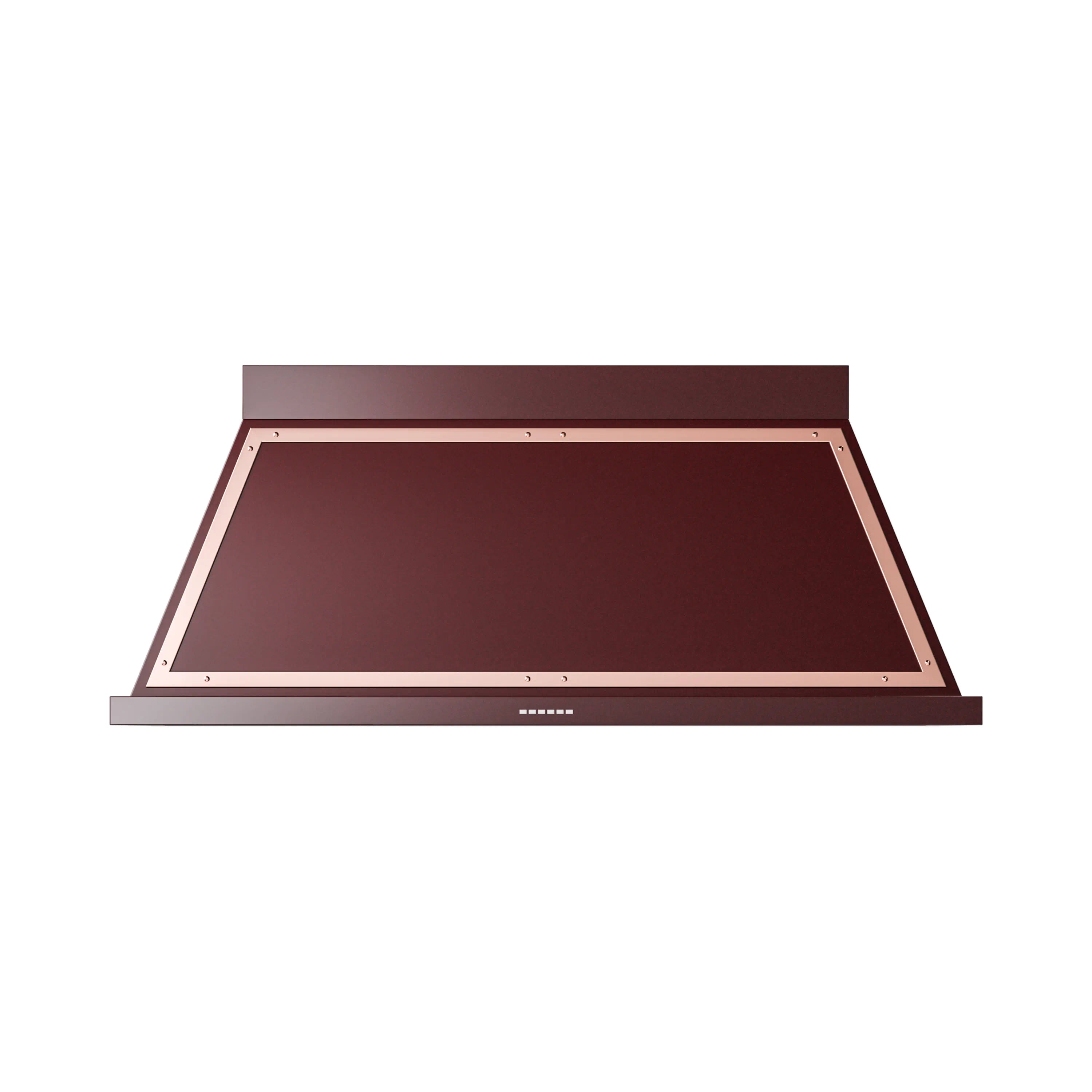 Burgundy wall-mounted range hood underside panel with copper border and vent openings