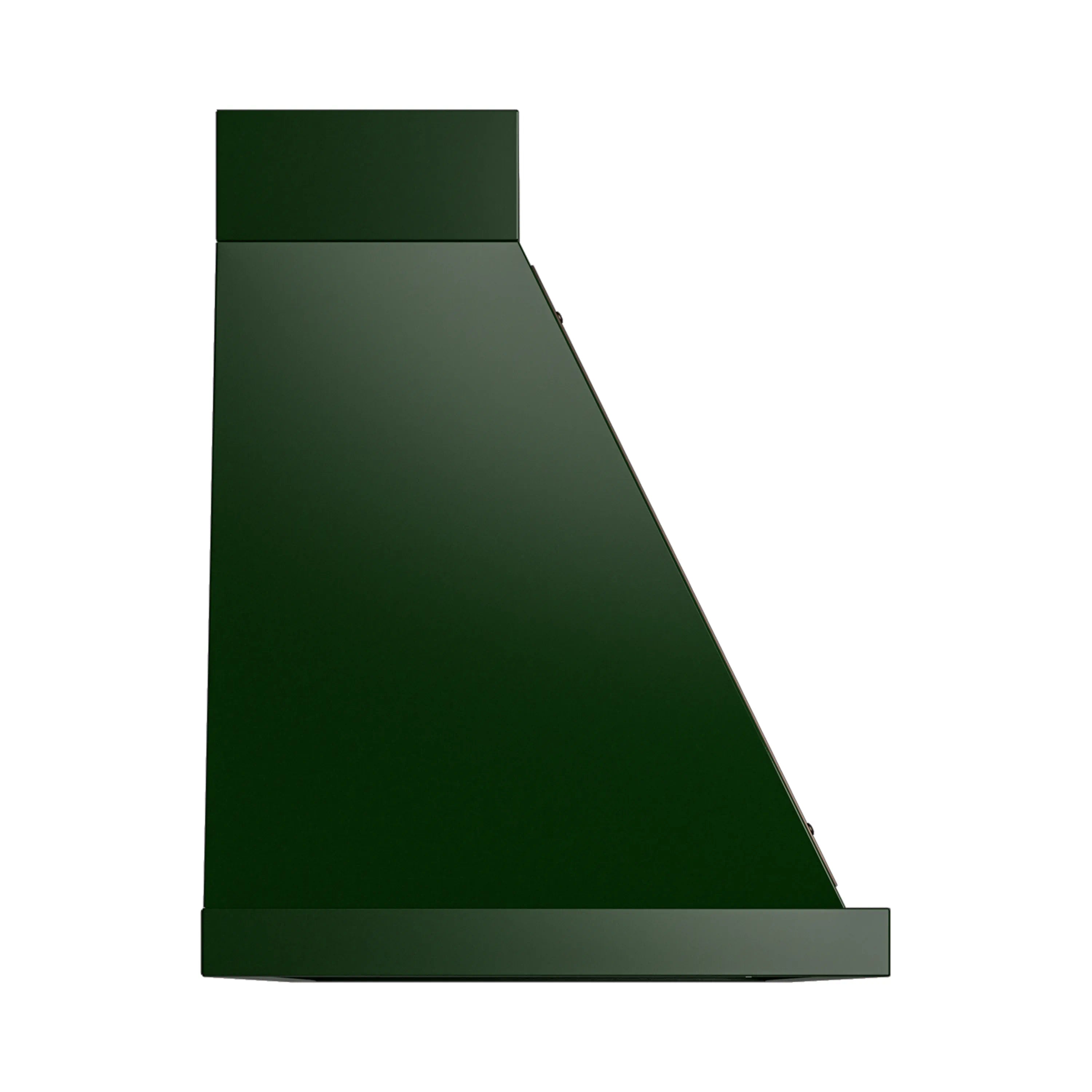Emerald green wall range hood side profile with bronze trim and control edge