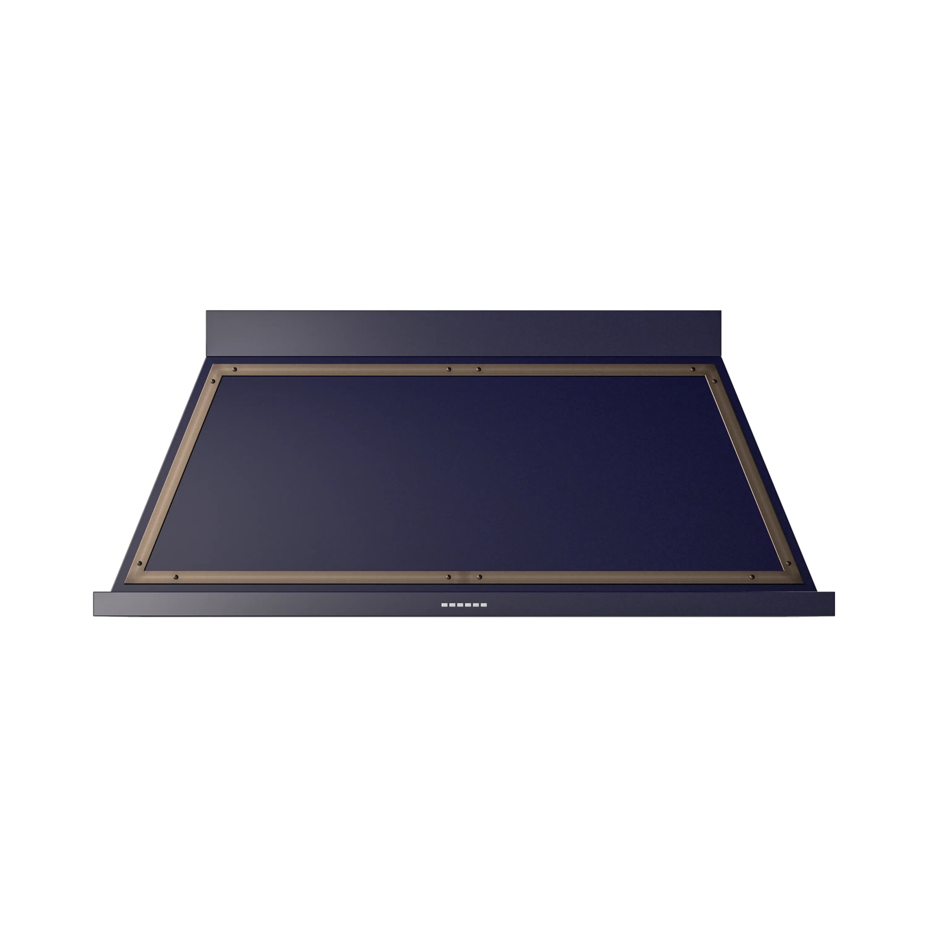 Wall-mounted range hood with open front panel, midnight blue and bronze trim frame