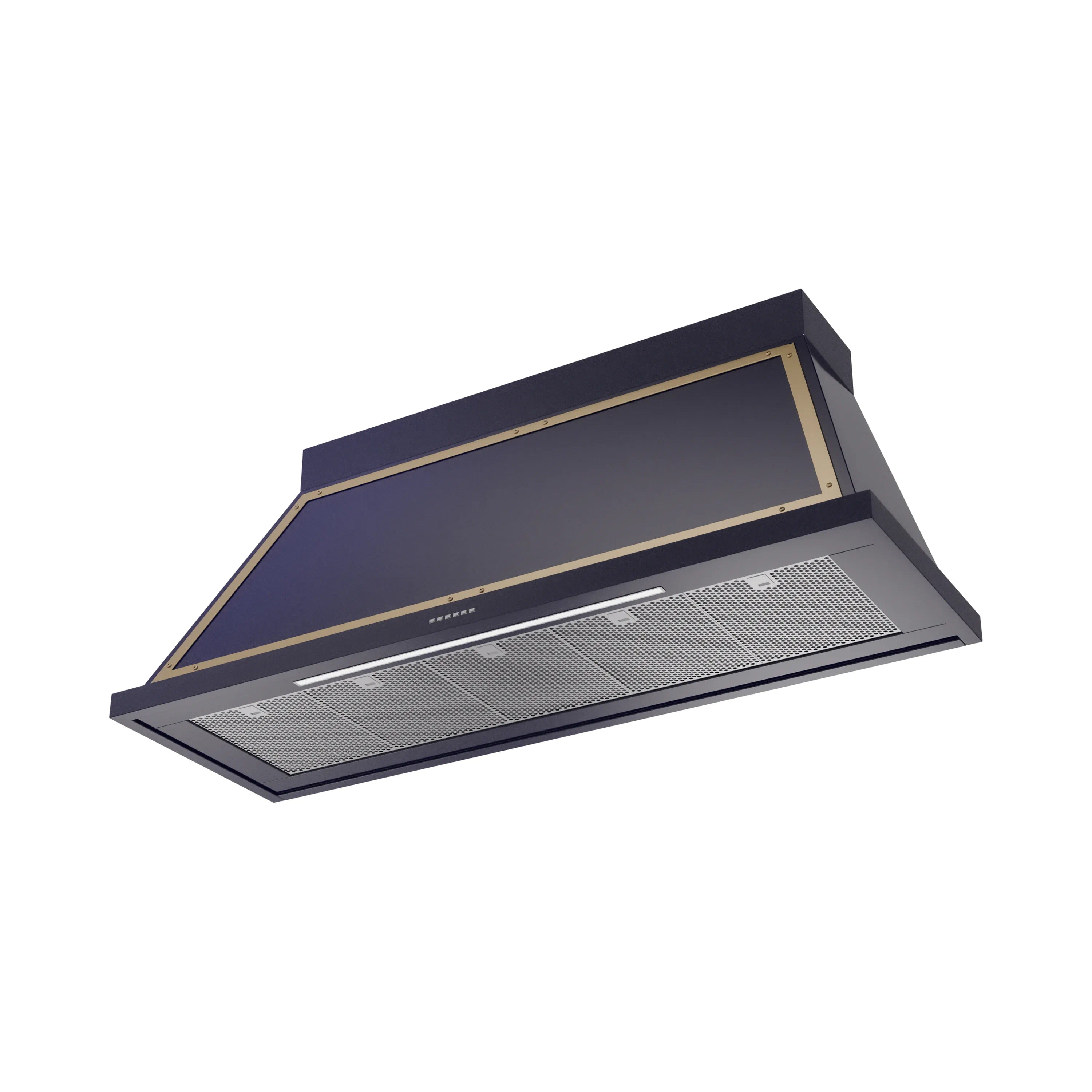 Midnight blue wall range hood with brass trim and vented filter panel