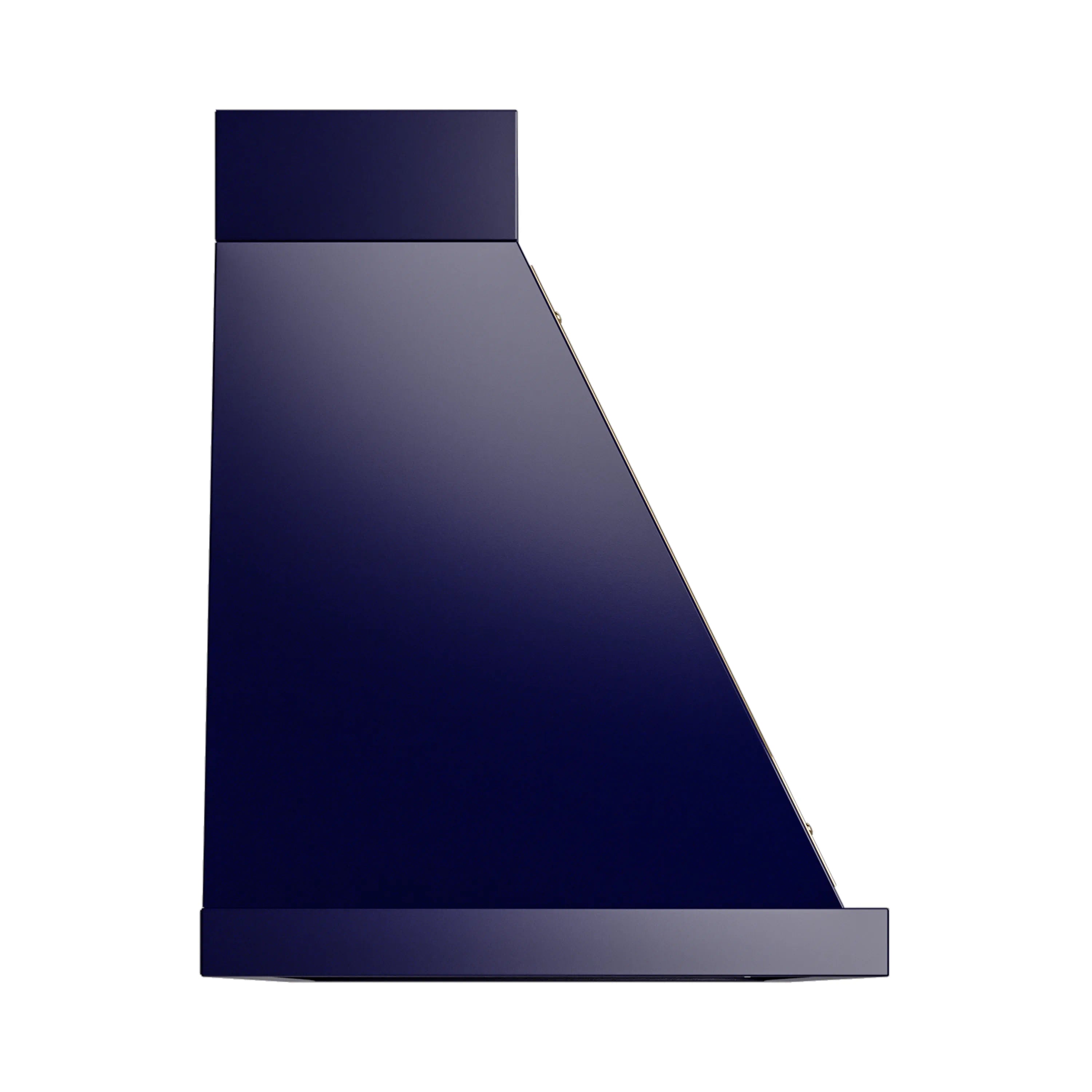Midnight blue wall range hood angled profile with brass edge trim