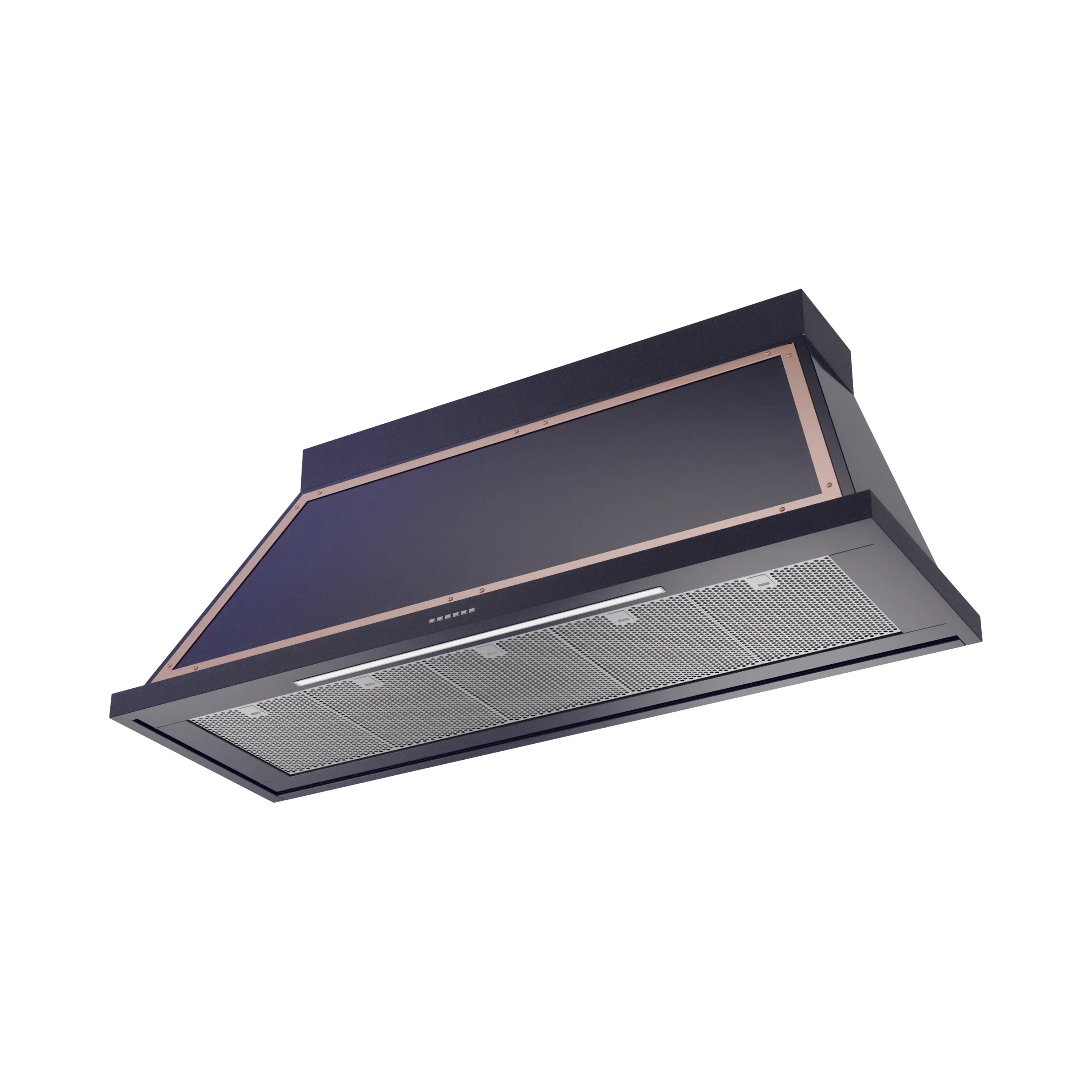 Midnight blue wall-mounted range hood with copper trim and mesh filter panels