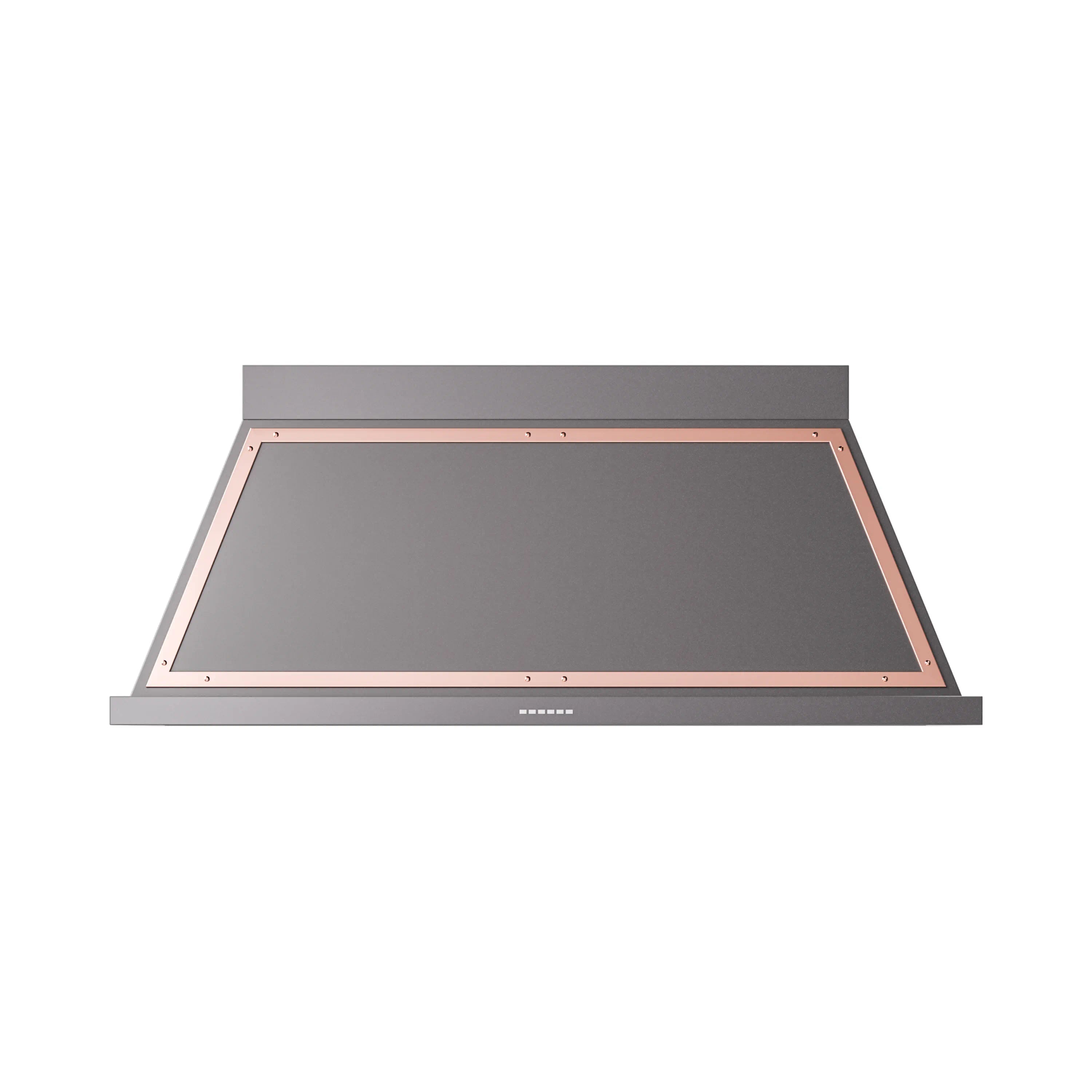Graphite matte wall range hood with copper-trimmed top frame and blank interior