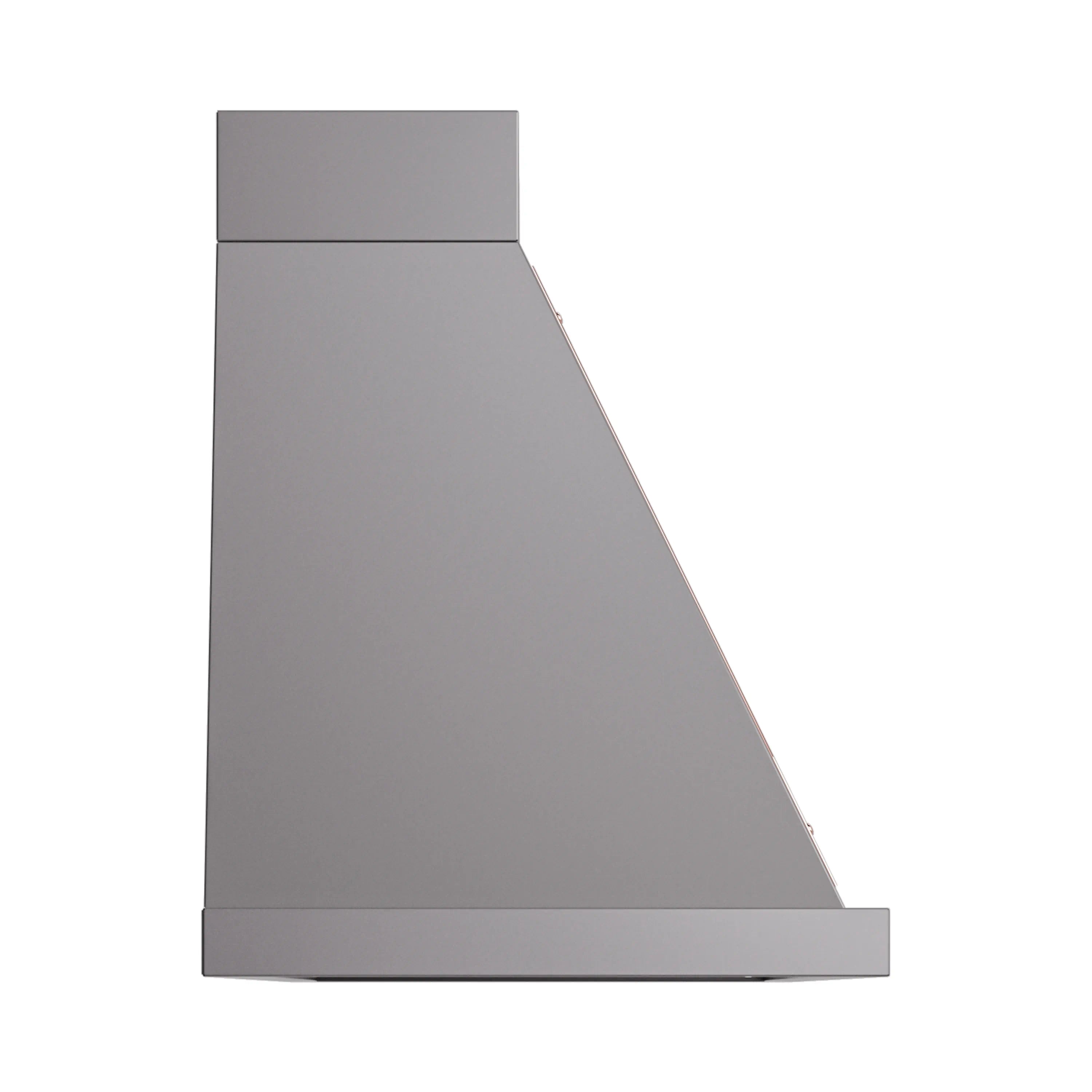 Graphite matte wall-mounted range hood side profile with copper trim edge