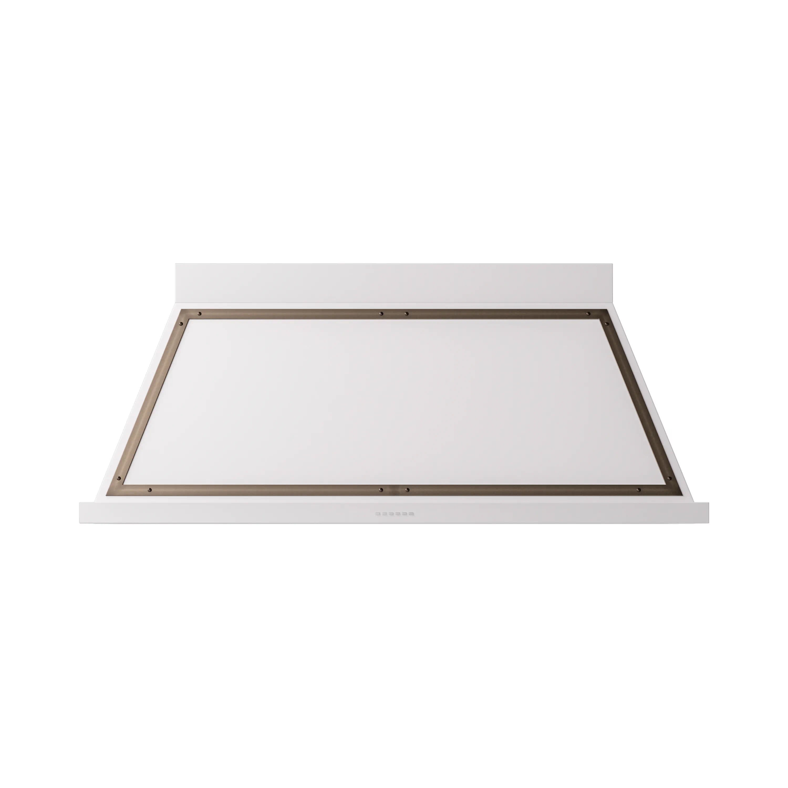 White wall-mounted range hood with bronze trim and flat canopy panel