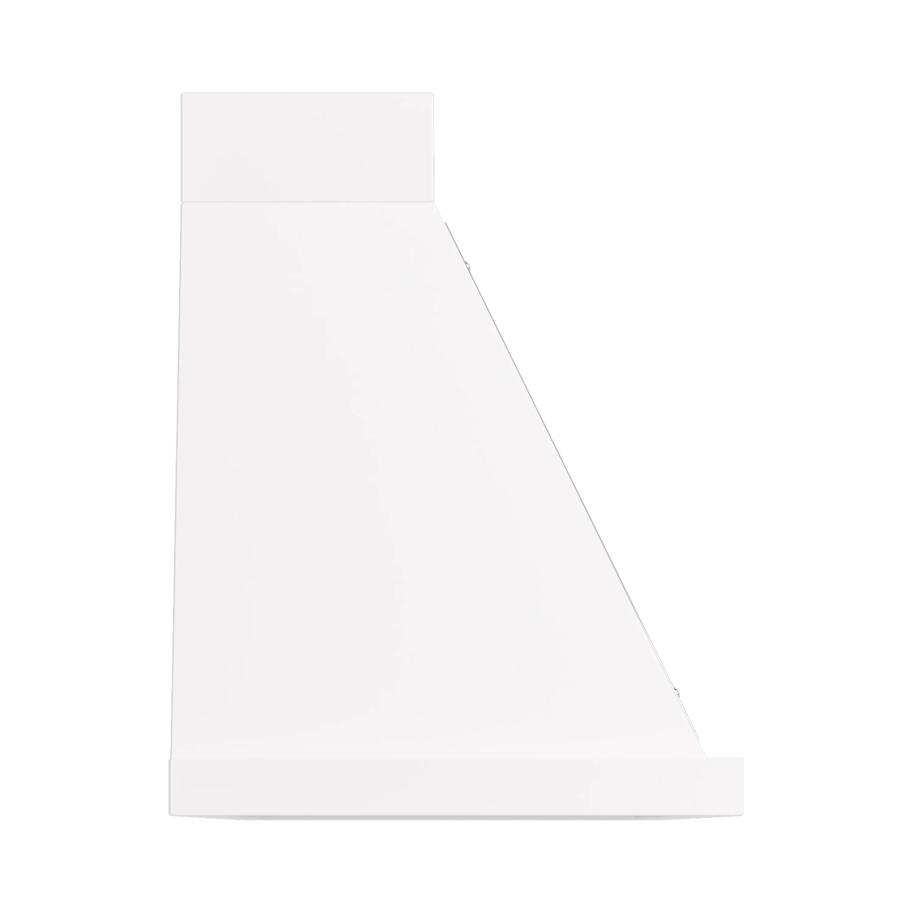 White wall-mounted range hood chimney-style housing with slanted side