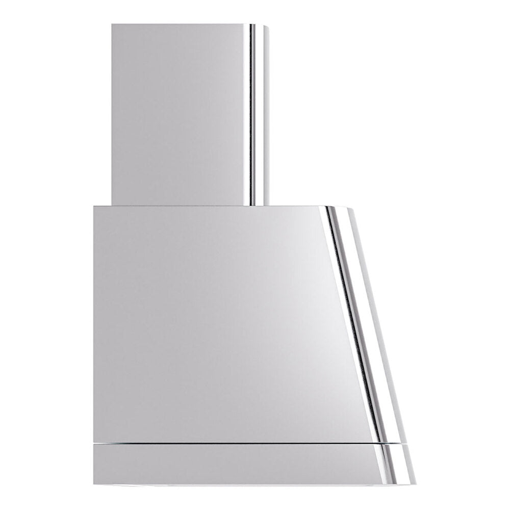 Stainless steel ducted range hood side view with polished chimney support