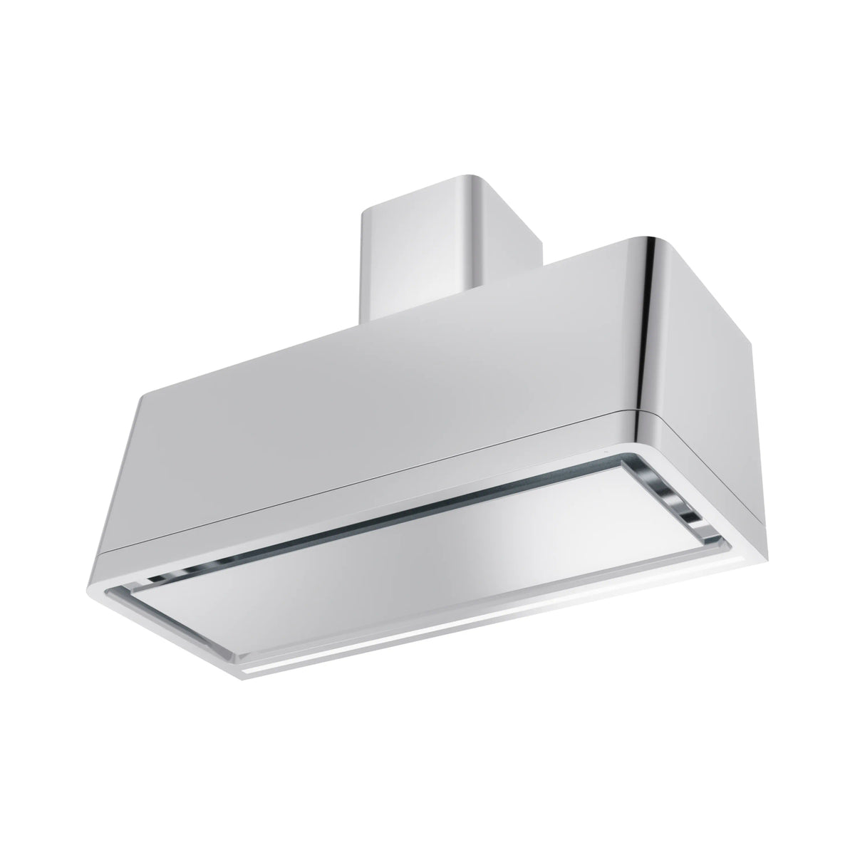Stainless steel ducted range hood with chimney housing and underside vent slots
