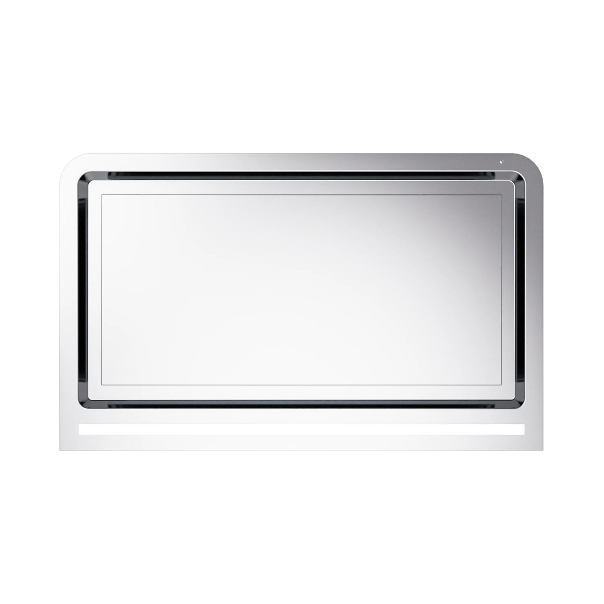 Matte black ducted range hood with rectangular display window on front panel