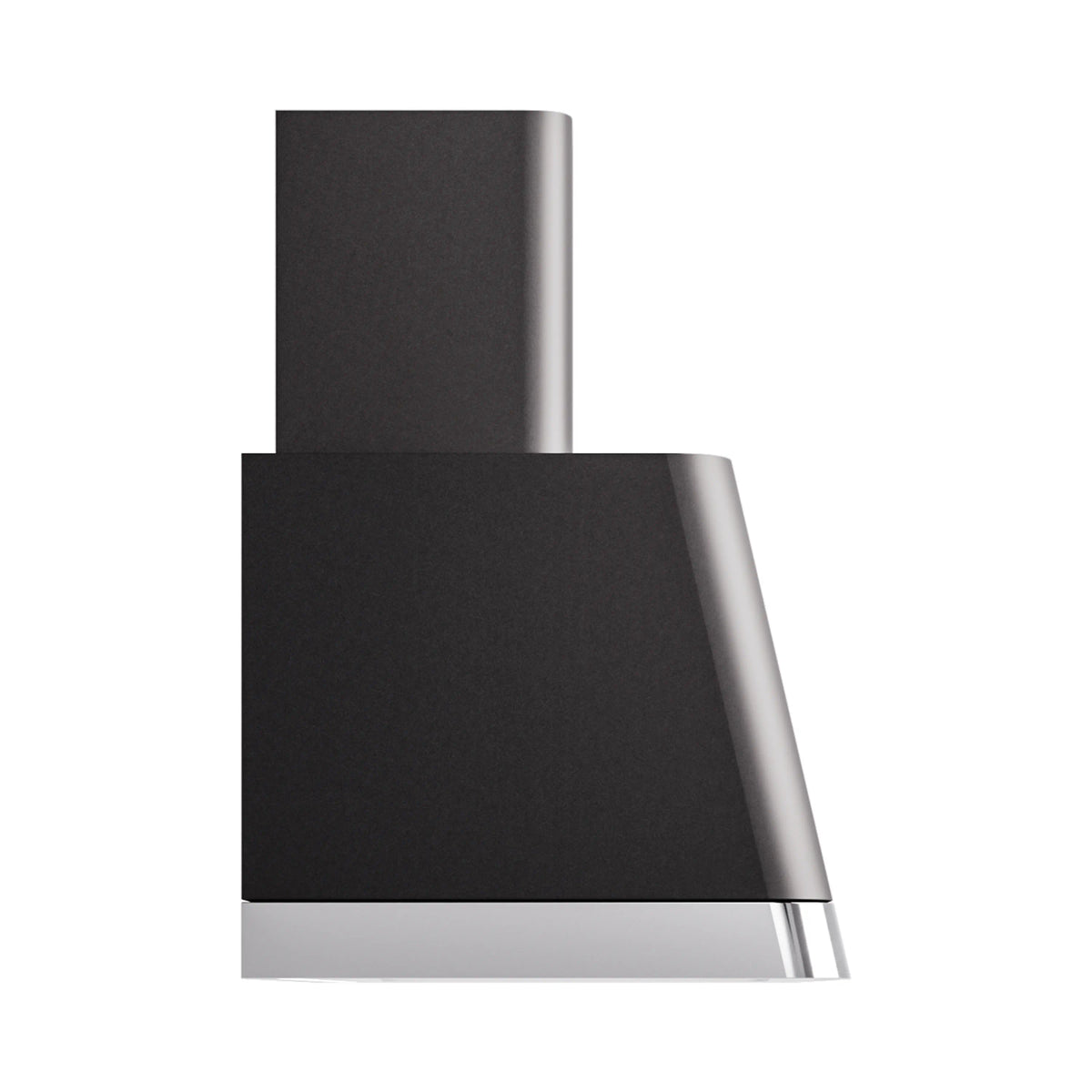 Matte black ducted range hood angled side view with stainless trim