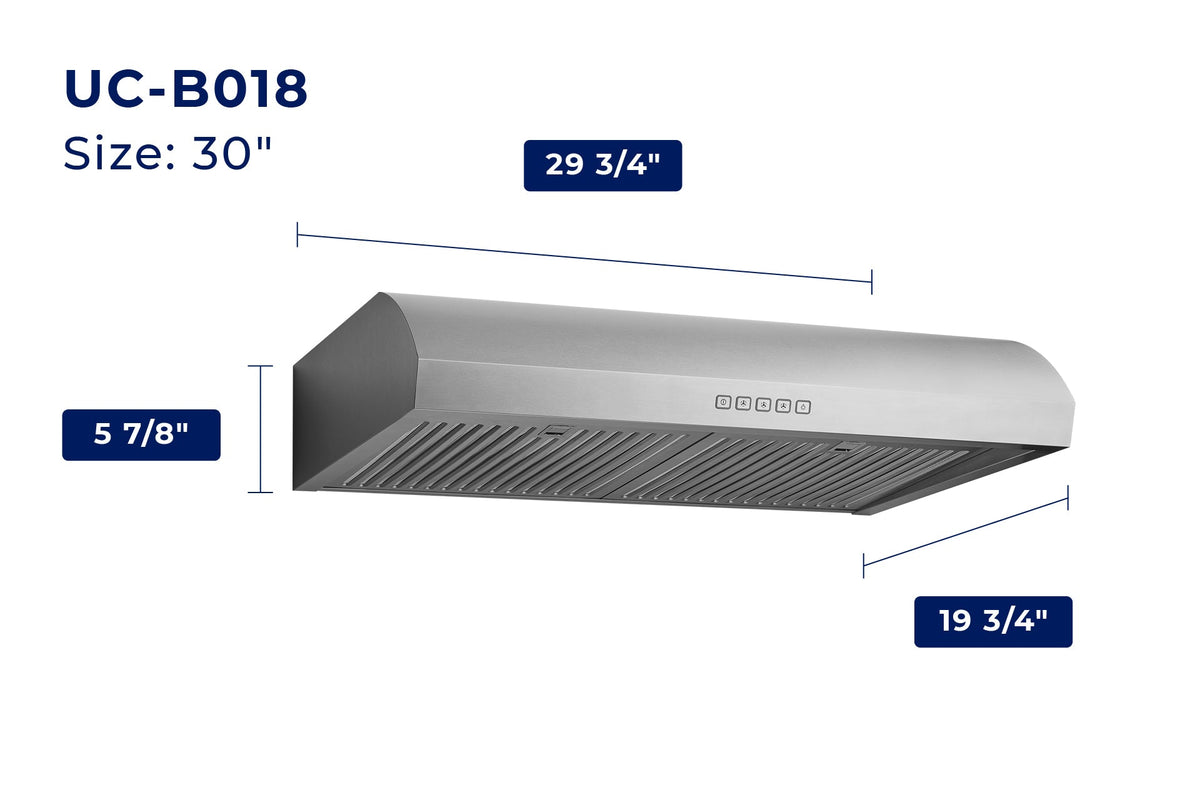30-inch stainless under-cabinet range hood, 29 3/4 in wide, 19 3/4 in deep
