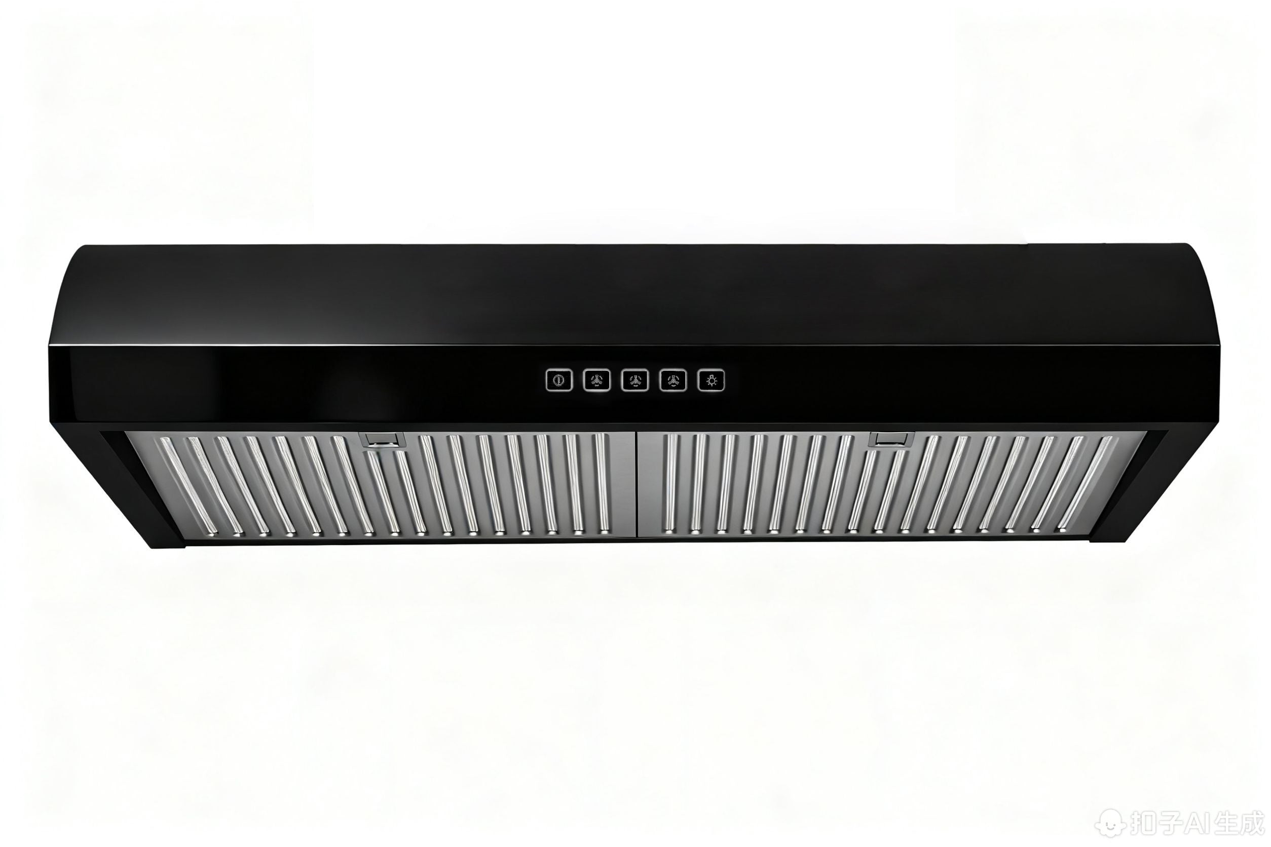 Black under-cabinet range hood with curved front, panel LED control buttons, and metal filters