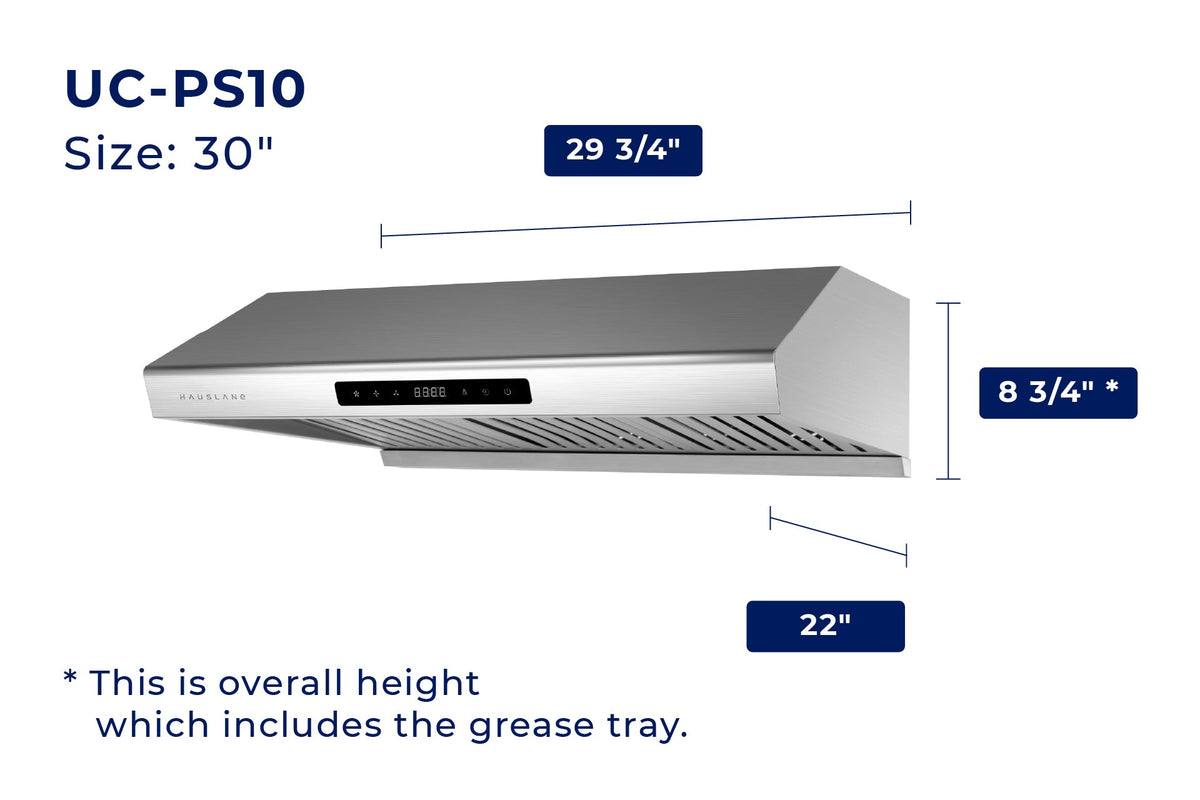 Under-cabinet range hood size and dimensions diagram for a 30-inch hood