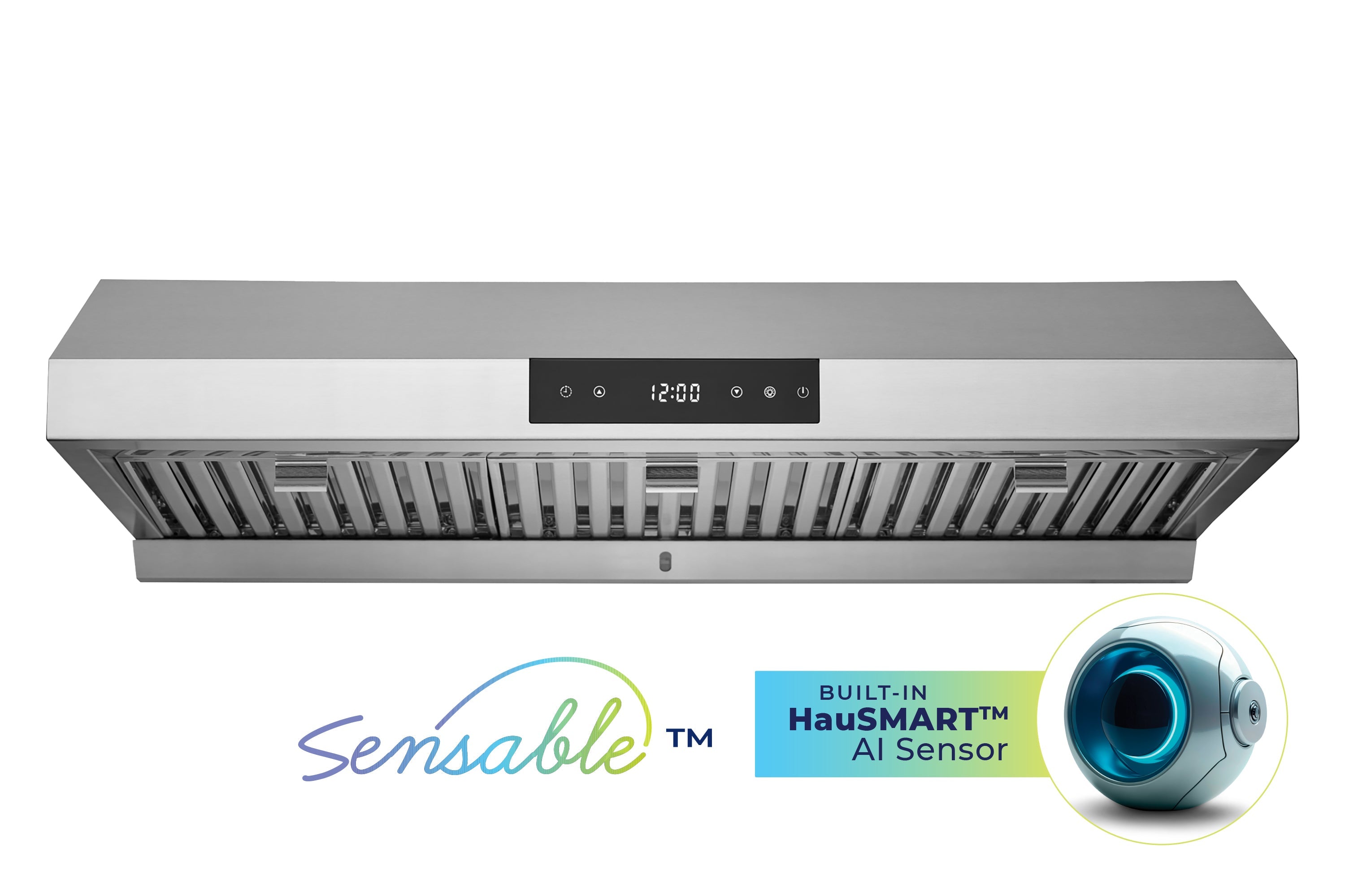 Stainless steel under-cabinet range hood front view with vent grille and controls