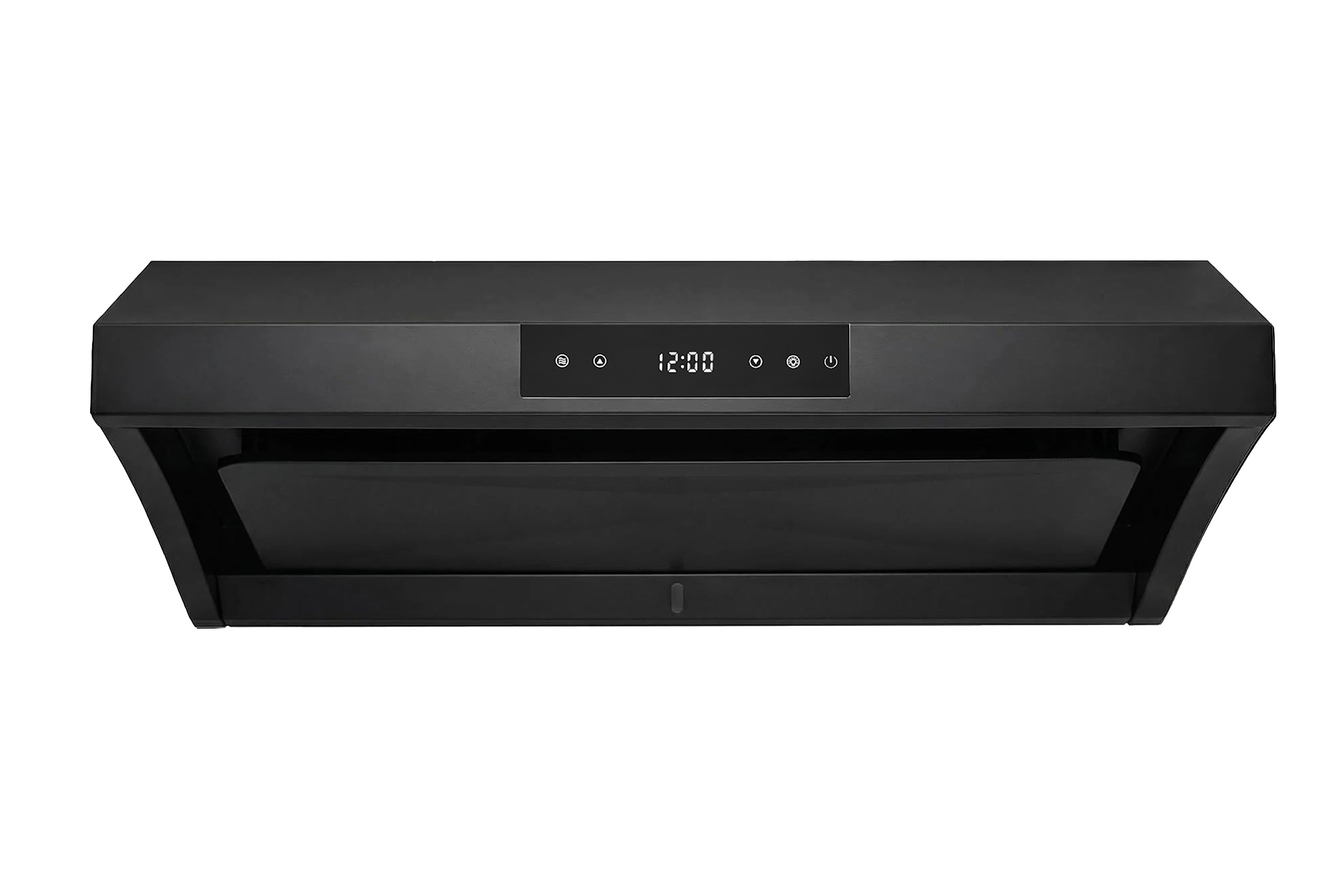 Matte black under-cabinet range hood with slim touch control panel and display