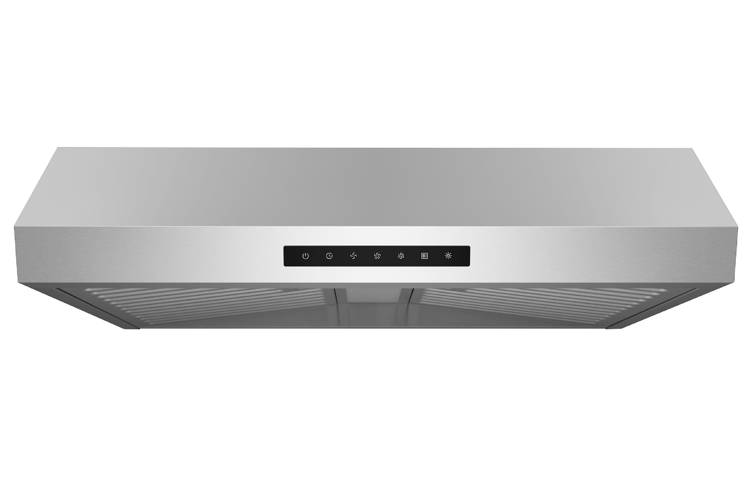 Stainless steel under-cabinet range hood with slim control panel and vent grille