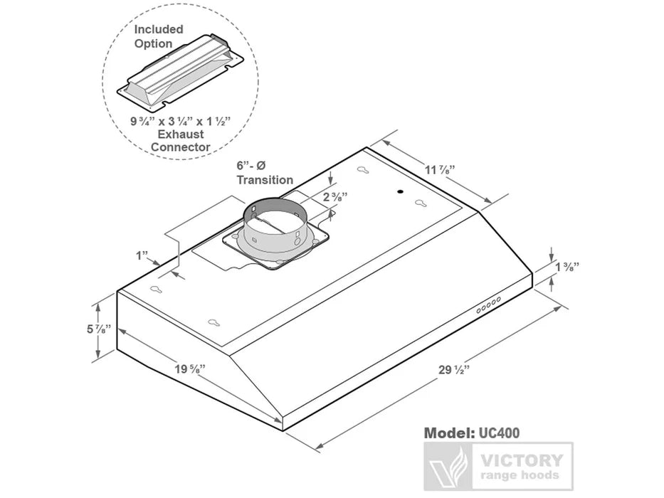 Under-cabinet range hood diagram with exhaust transition and duct outlet, labeled measurements