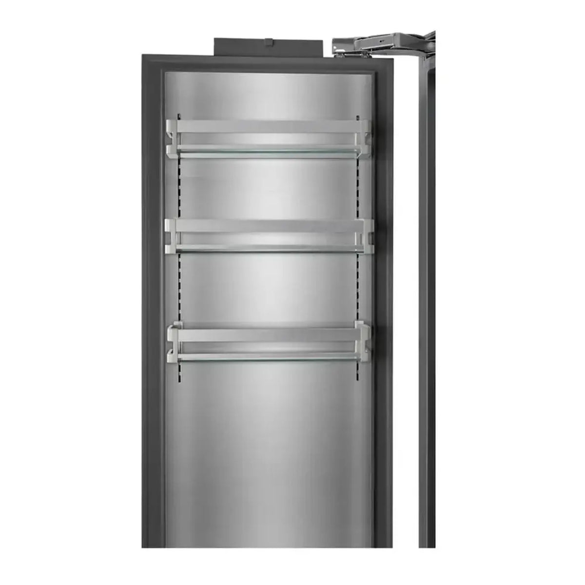 Open stainless freezer column interior with wire shelves and slide-out drawers