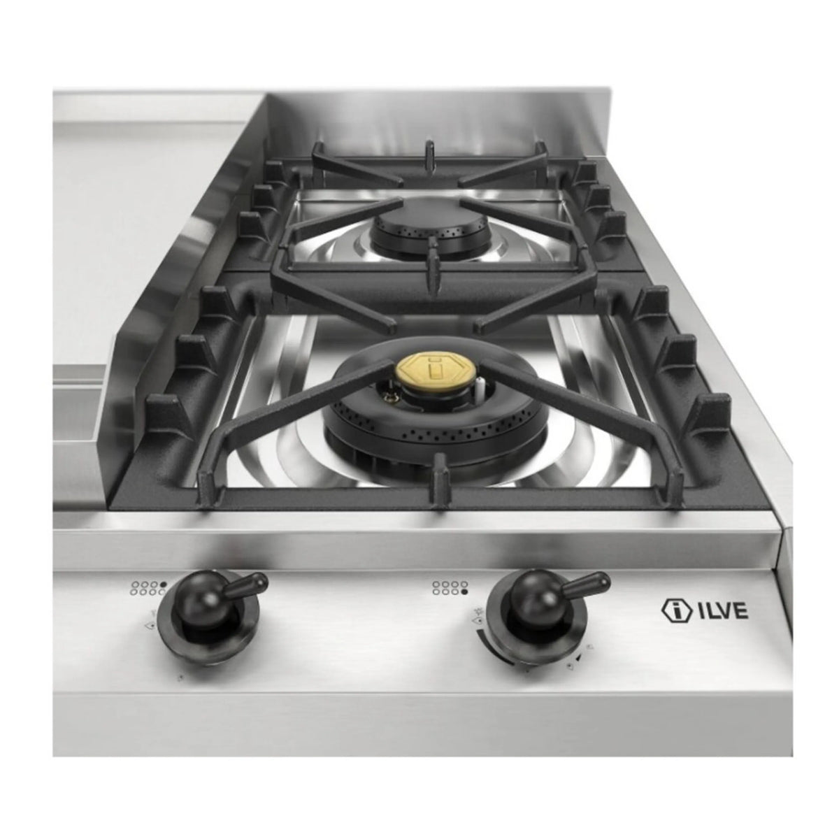 Single gas burner with black grate and yellow cap on stainless cooktop