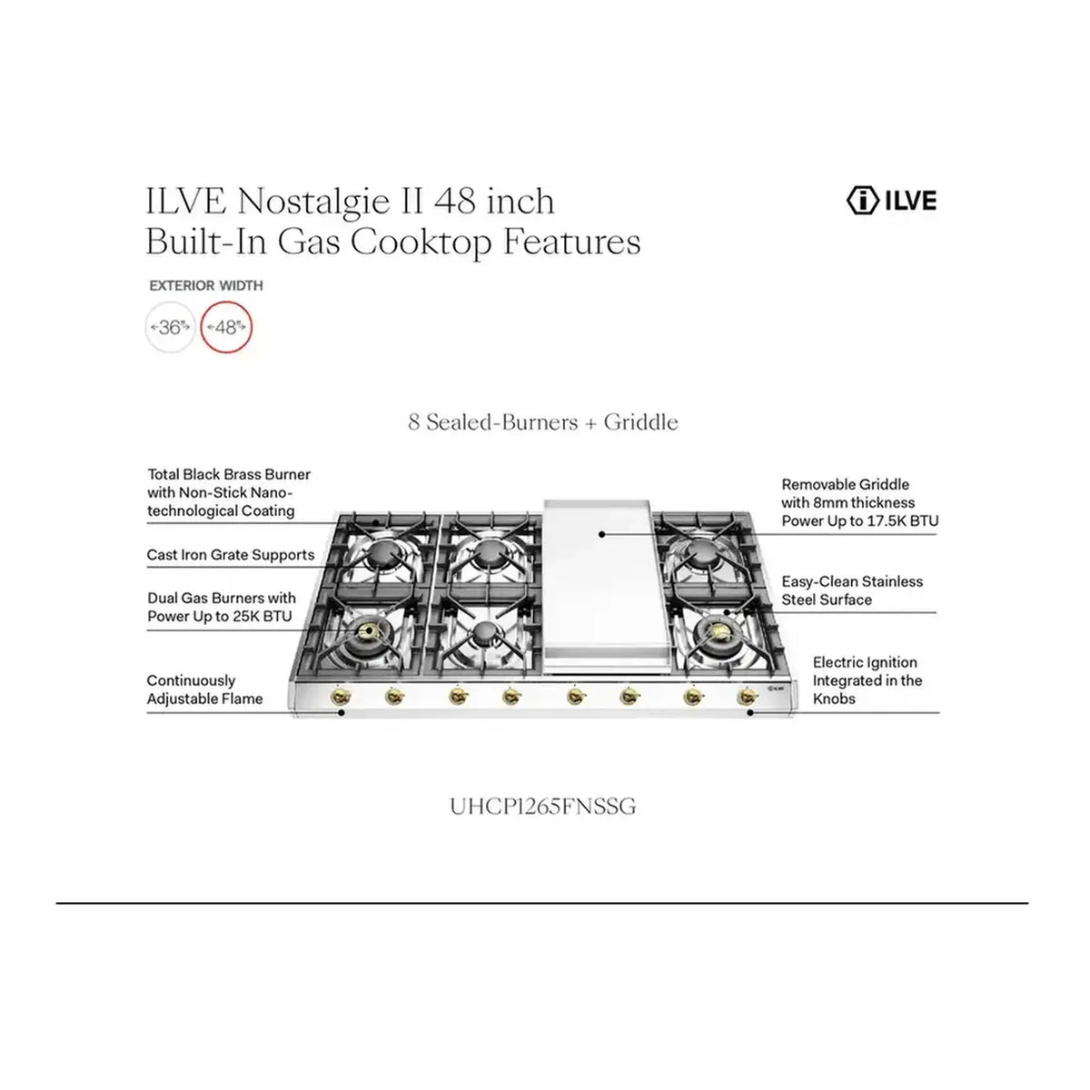 ILVE gas cooktop product diagram showing 8 burners and center griddle