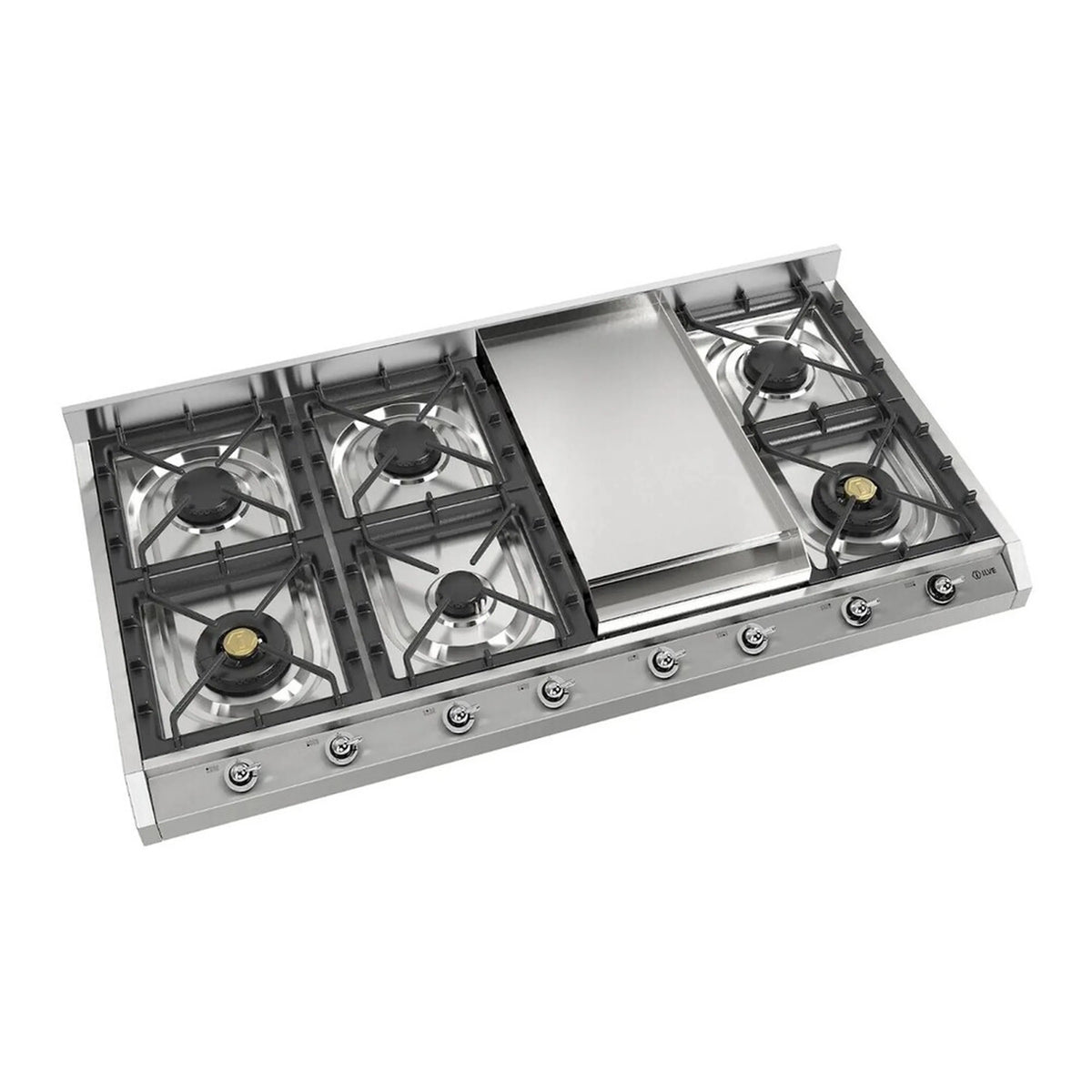 Stainless steel built-in gas cooktop with 8 burners and center griddle, angled view