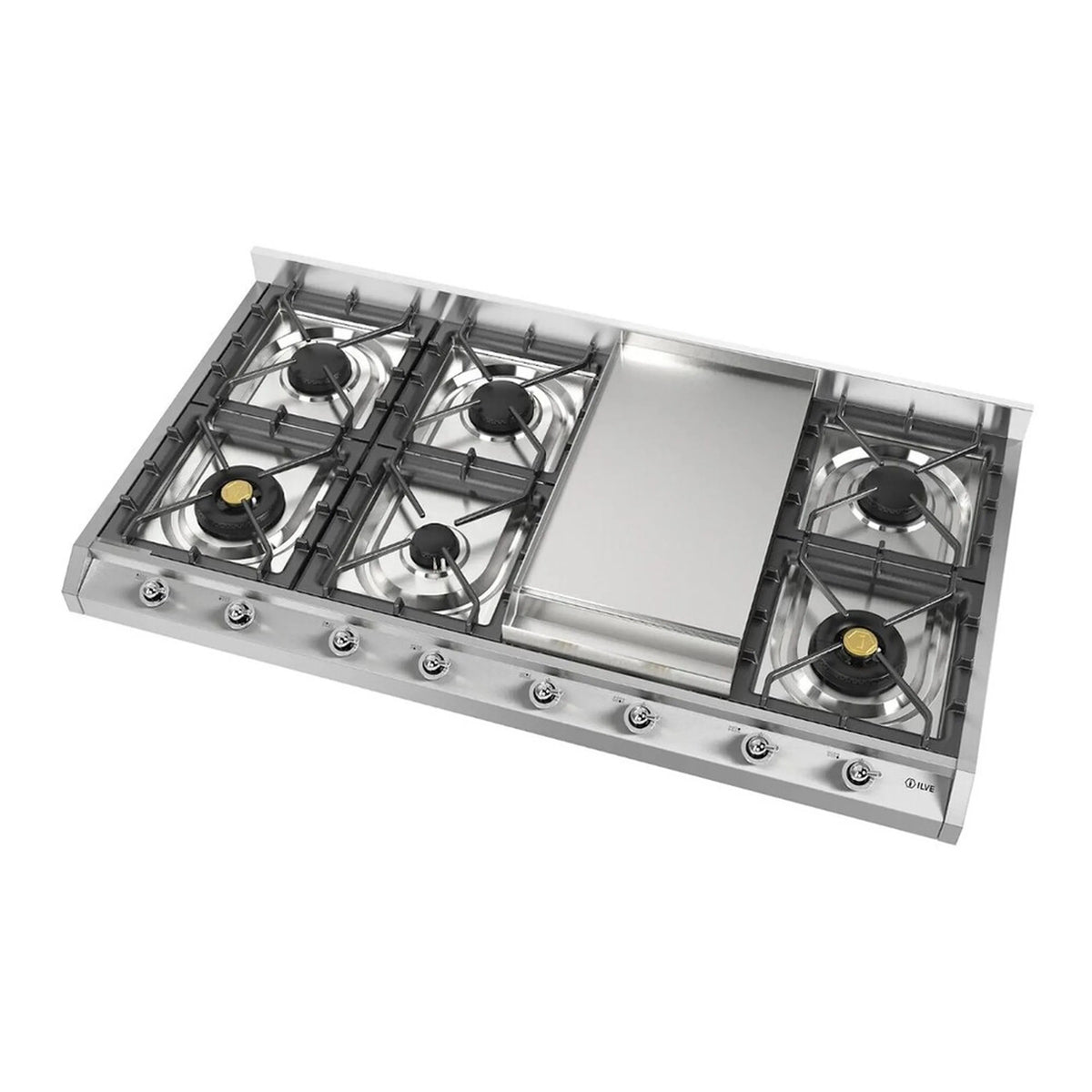 Stainless steel built-in gas cooktop with 8 burners and center griddle, front knobs