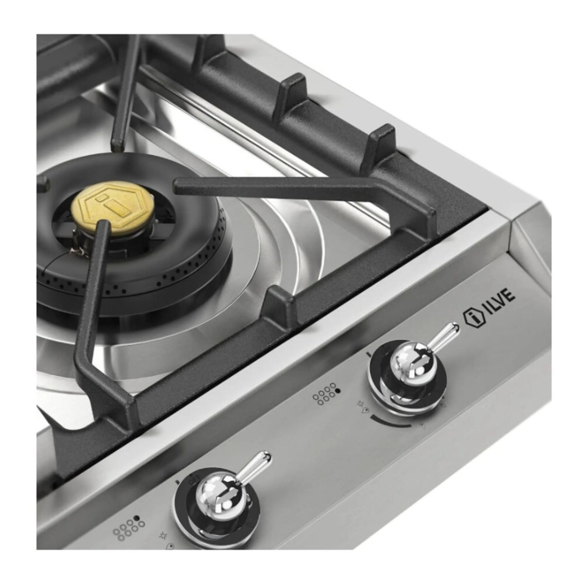 Stainless steel griddle with burner and control knobs, ILVE branding