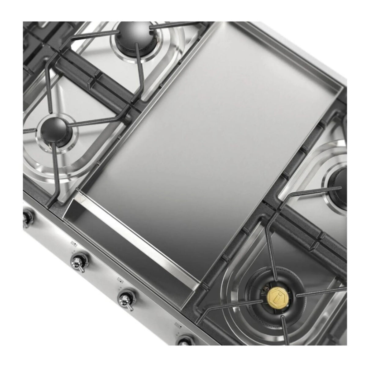Stainless steel cooktop with center griddle, burners, and front control knobs
