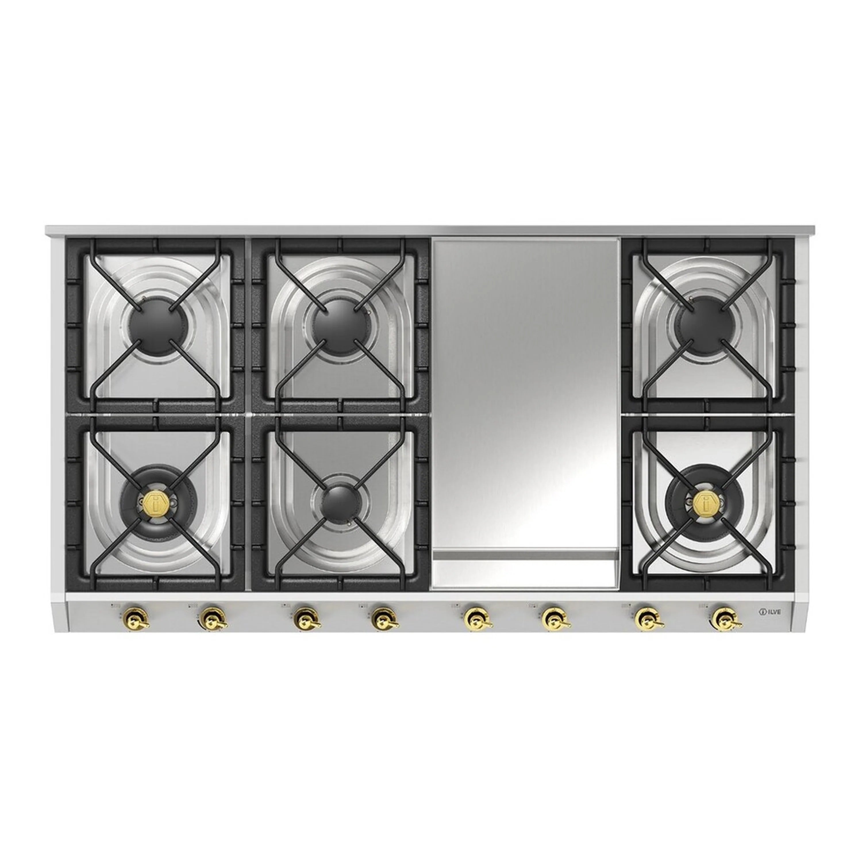 Stainless steel gas cooktop top view with central griddle and eight burner grates