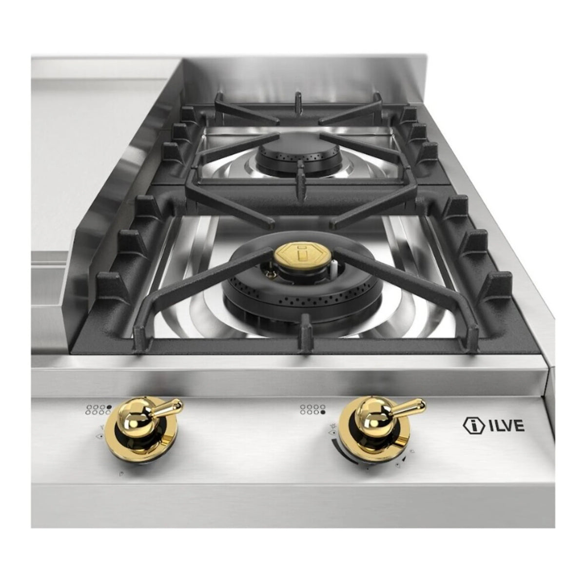 Stainless steel gas cooktop with centered black burner grate and gold control knob