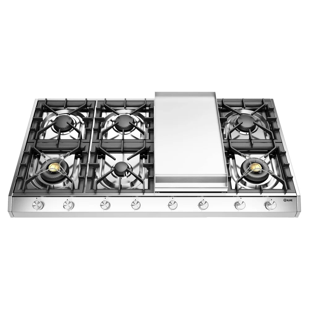 Stainless steel gas cooktop with griddle and 5 burners