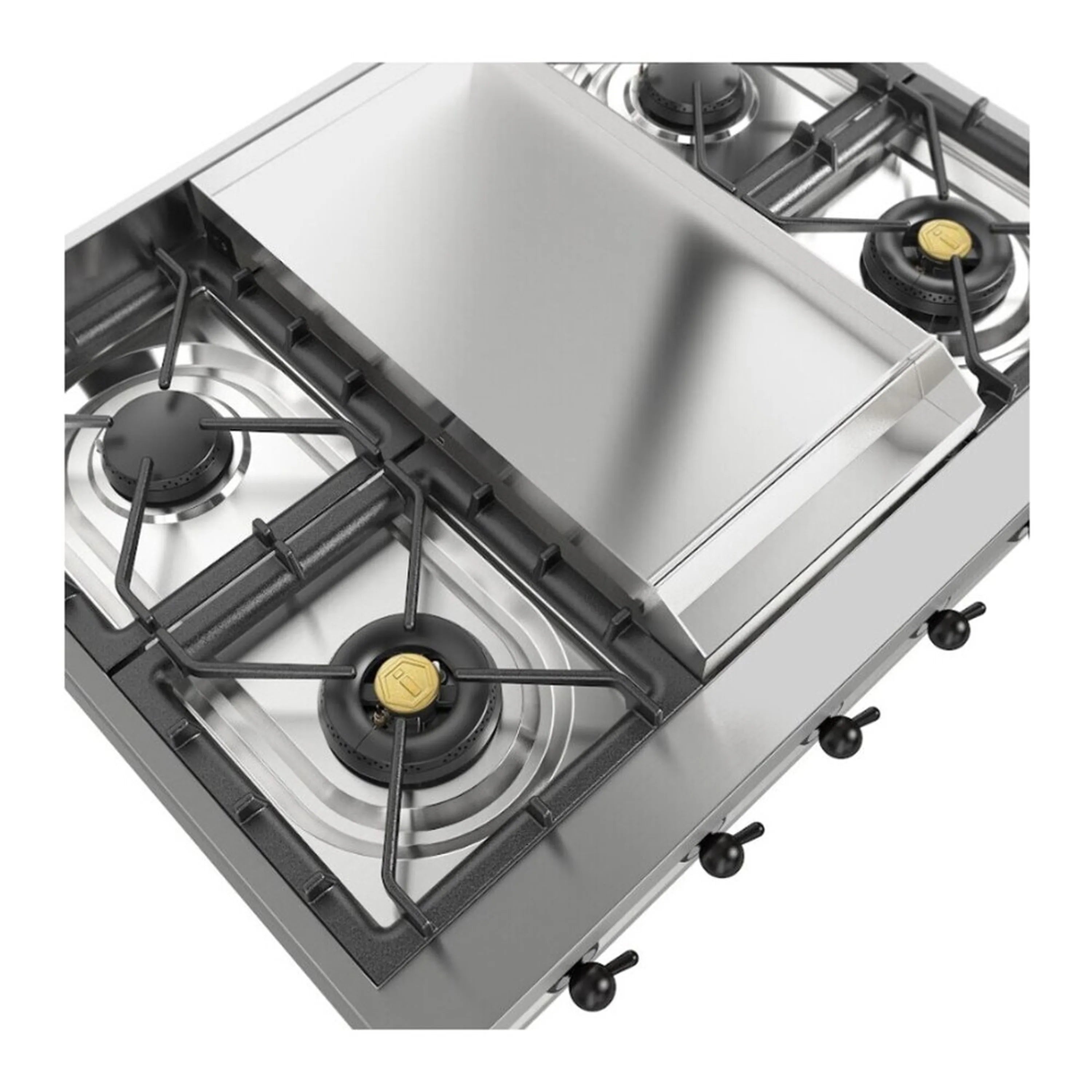 Stainless steel rangetop close-up of center griddle and front gas burners